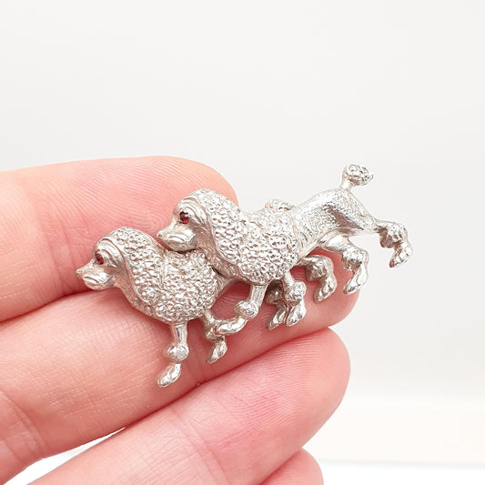 Antique Solid Silver Poodle Dog Brooch Pin Victorian Pair of Dogs Ruby Paste Eyes Animal Canine Vintage Jewellery Jewelry