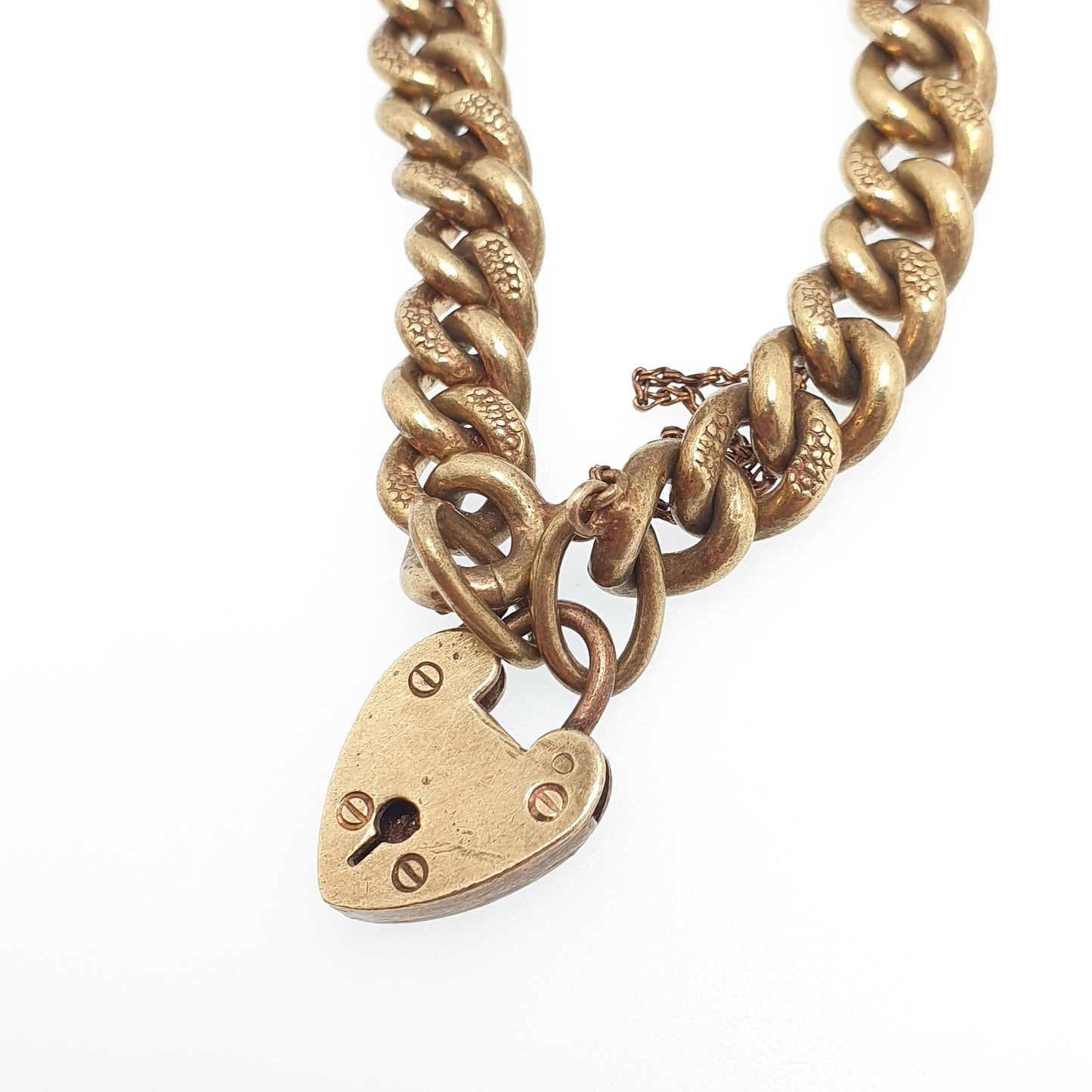 Antique Victorian Curb Link Padlock Bracelet Gold Tone Base Metal Lock Clasp Charm Textured Links 20cm 7.8" 48.19g