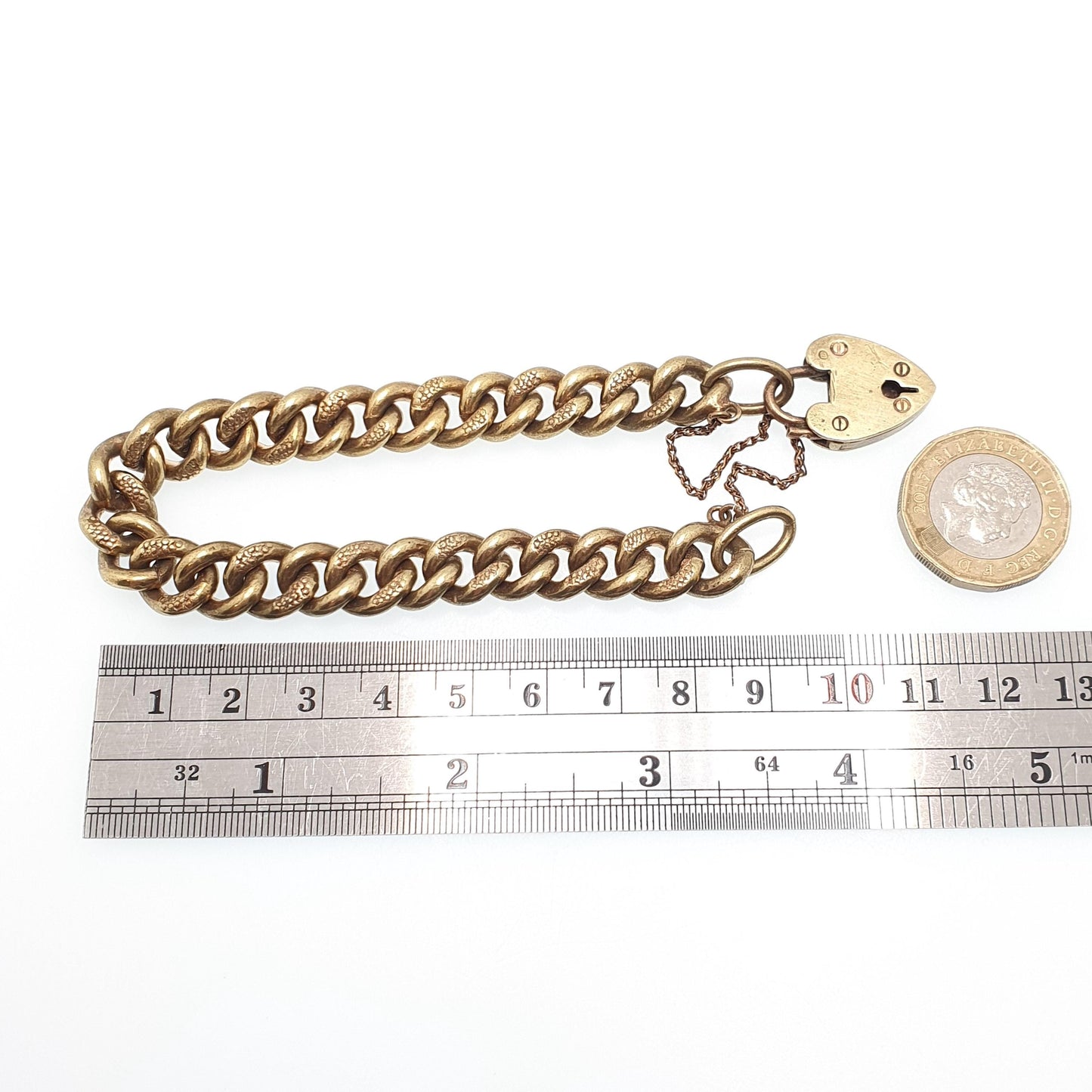 Antique Victorian Curb Link Padlock Bracelet Gold Tone Base Metal Lock Clasp Charm Textured Links 20cm 7.8" 48.19g