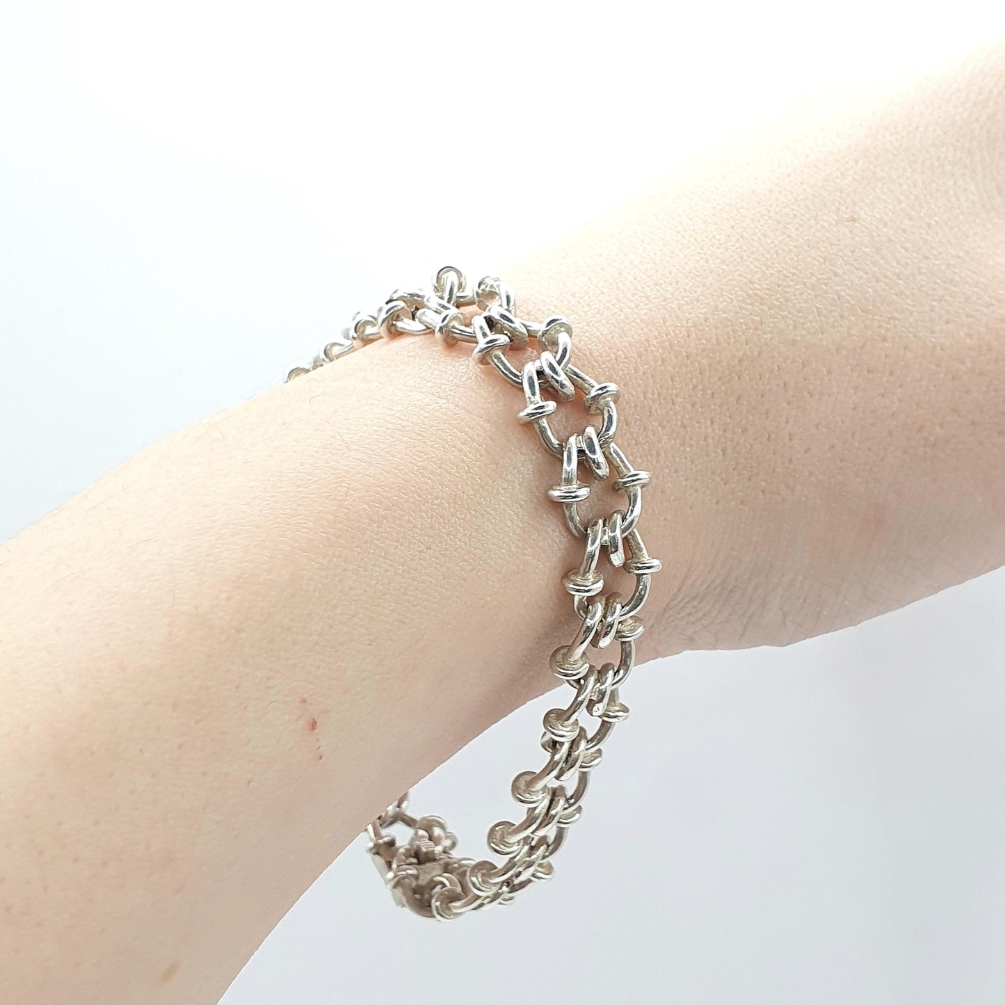 Vintage Solid Silver Bard Wire Style Knot Link Chain Bracelet Beaded Curb 22.21g 19cm Unisex Mens Womens Thick Big Chunky Jewellery