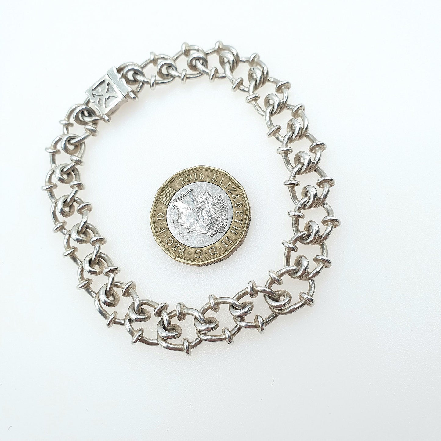 Vintage Solid Silver Bard Wire Style Knot Link Chain Bracelet Beaded Curb 22.21g 19cm Unisex Mens Womens Thick Big Chunky Jewellery