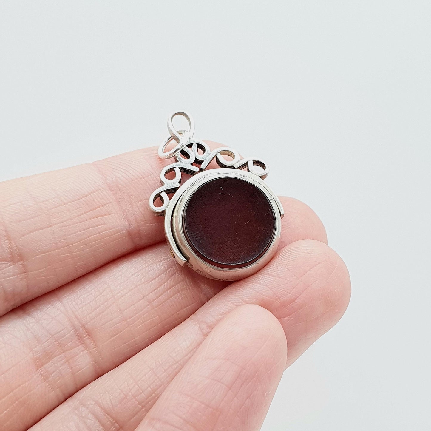Antique Victorian Sterling Silver Bloodstone Spinner Fob Pendant 1884 Hallmark Carnelian Necklace Vintage Mens Womens Jewelry Jewellery
