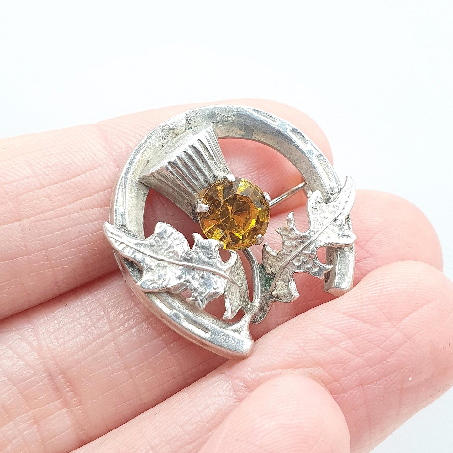 Antique Sterling Silver Citrine Paste Thistle Horseshoe Brooch Scottish Flower Good Luck Lucky Vintage Jewelry Jewellery
