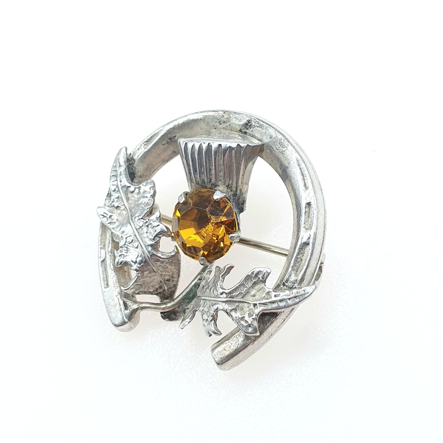 Antique Sterling Silver Citrine Paste Thistle Horseshoe Brooch Scottish Flower Good Luck Lucky Vintage Jewelry Jewellery