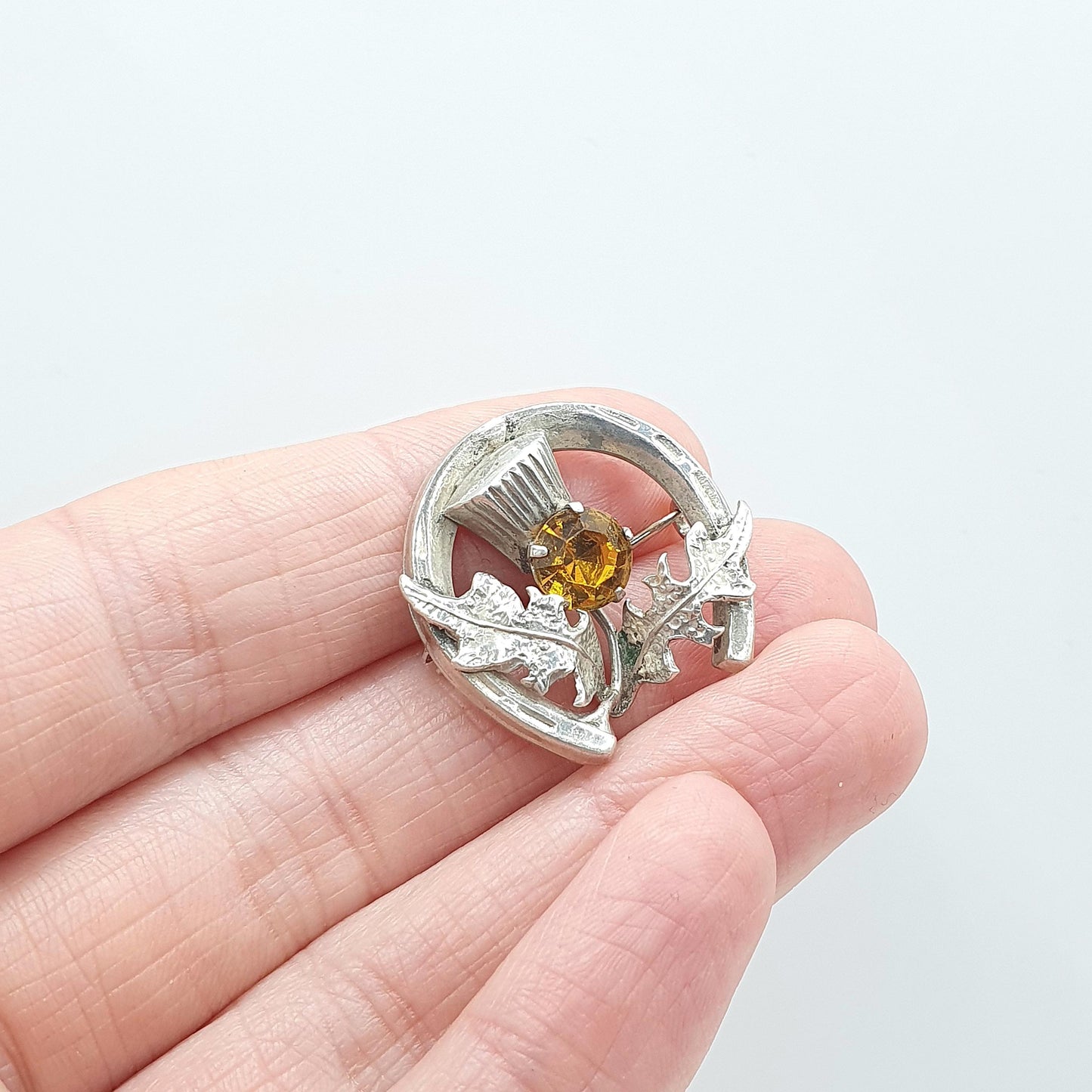 Antique Sterling Silver Citrine Paste Thistle Horseshoe Brooch Scottish Flower Good Luck Lucky Vintage Jewelry Jewellery