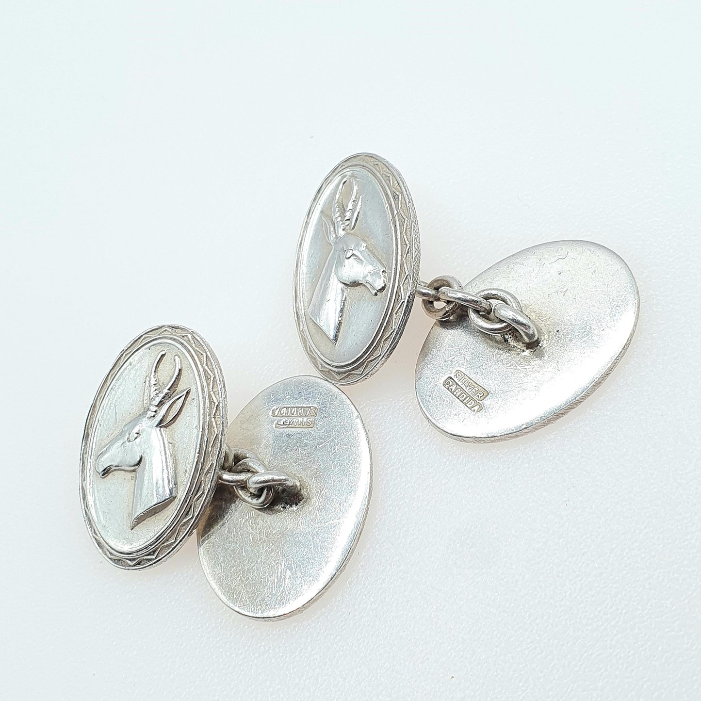 Old Vintage Solid Silver Stag Cuff Links Cufflinks Oval Chain Deer Animal Hunting Unisex Gent Mens Jewelry Jewellery