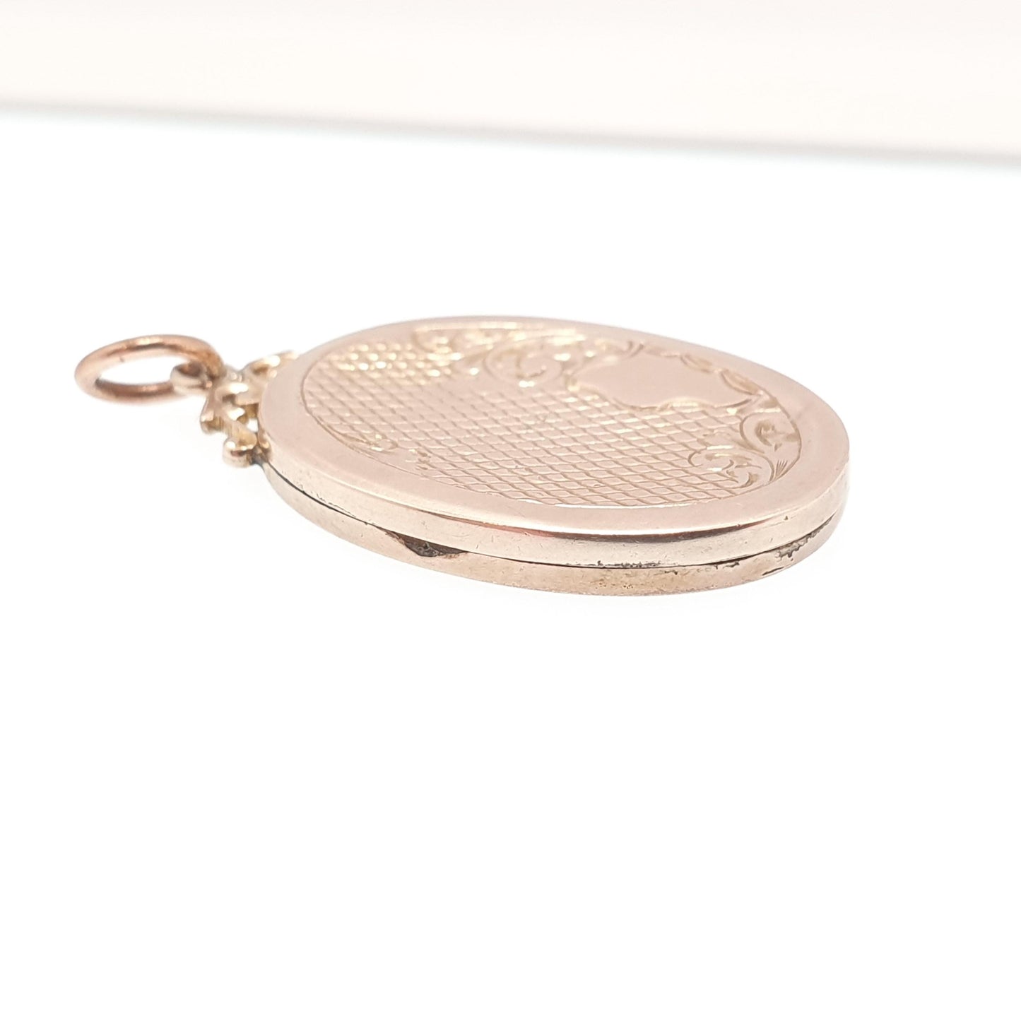 Antique 9ct Rose Gold Locket Large Oval Solid 9k 9kt Back and Front Chequered Engraved Pendant Necklace Jewelry Womens Jewellery