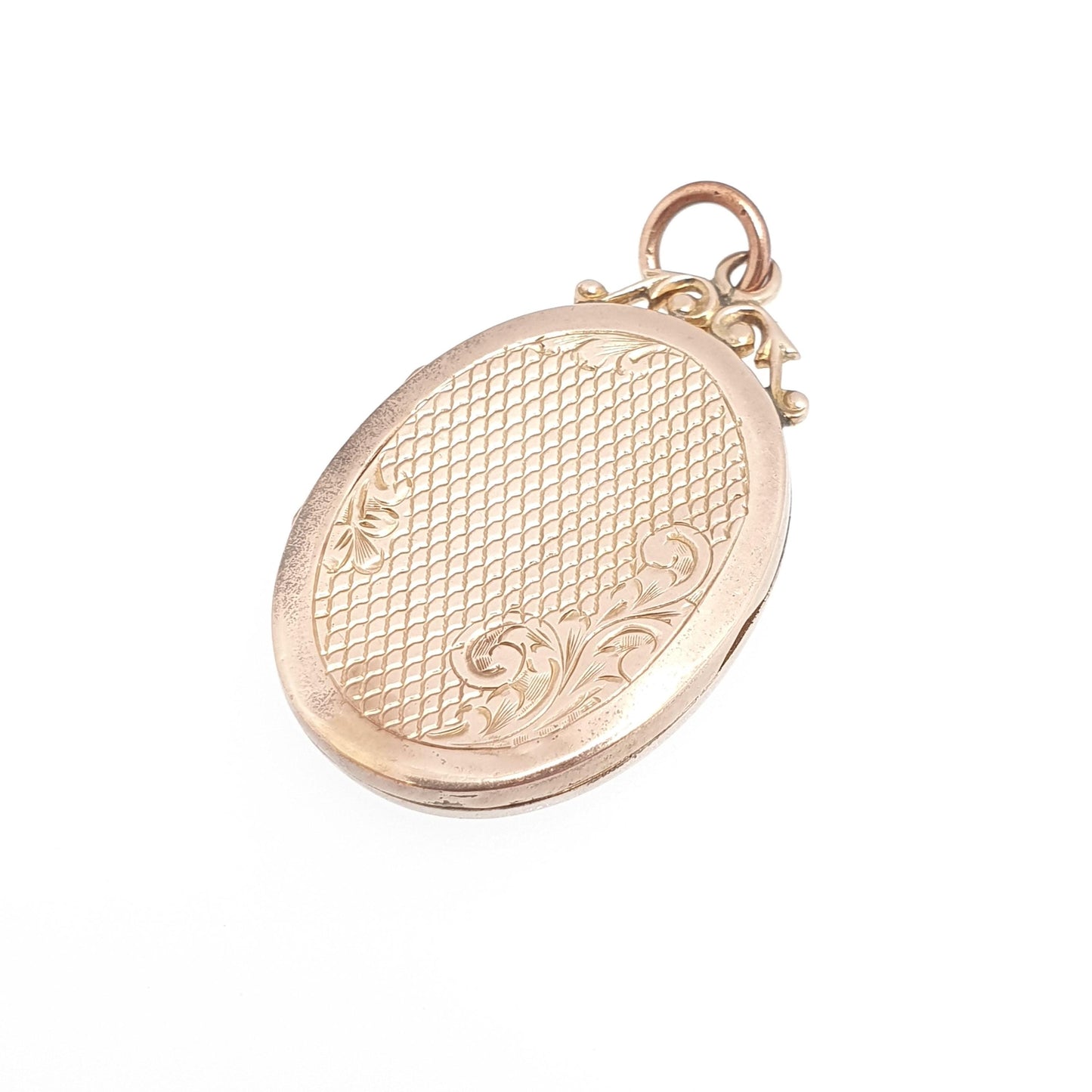 Antique 9ct Rose Gold Locket Large Oval Solid 9k 9kt Back and Front Chequered Engraved Pendant Necklace Jewelry Womens Jewellery