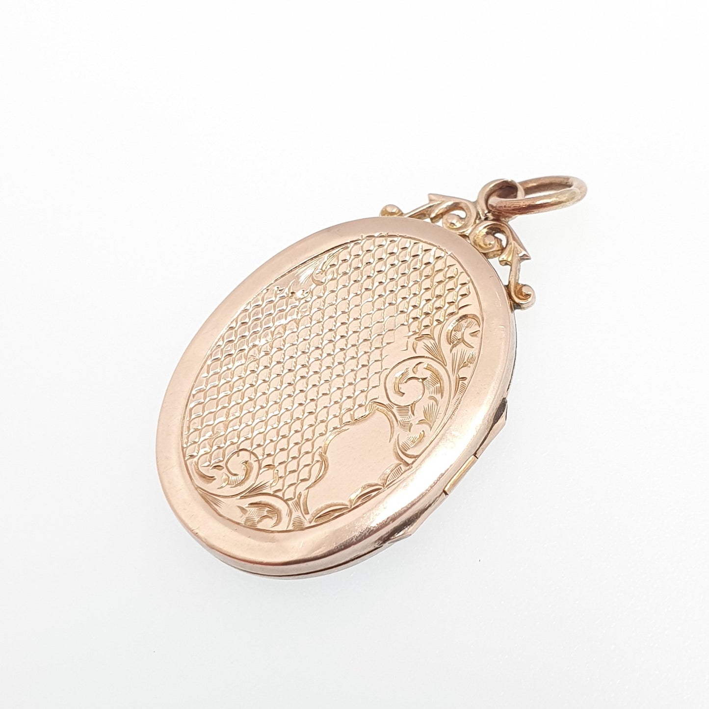Antique 9ct Rose Gold Locket Large Oval Solid 9k 9kt Back and Front Chequered Engraved Pendant Necklace Jewelry Womens Jewellery
