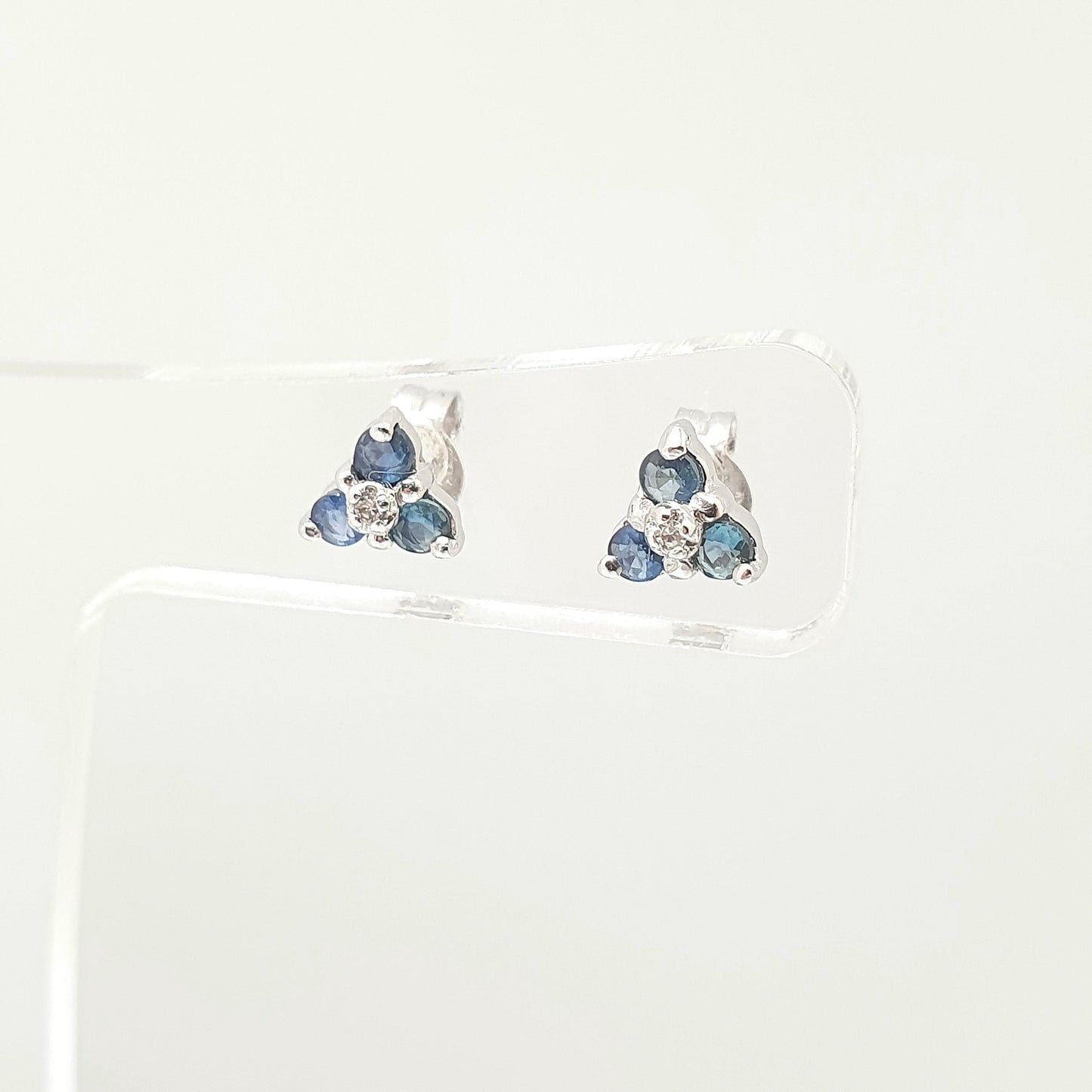 Vintage 9ct Gold Sapphire Diamond Earrings Stud Cluster White Gold Solid 9k 9kt 375 Triangle Womens Jewelry Jewellery Gift