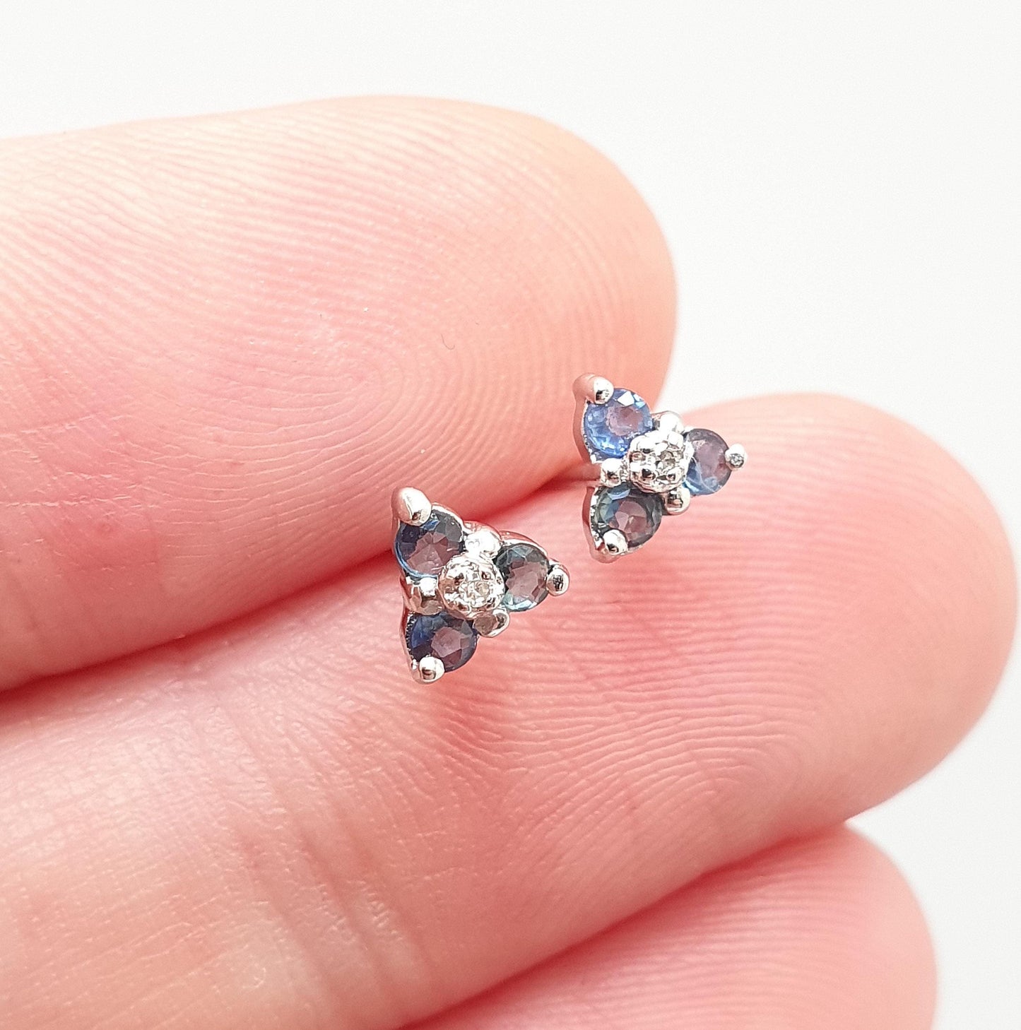 Vintage 9ct Gold Sapphire Diamond Earrings Stud Cluster White Gold Solid 9k 9kt 375 Triangle Womens Jewelry Jewellery Gift