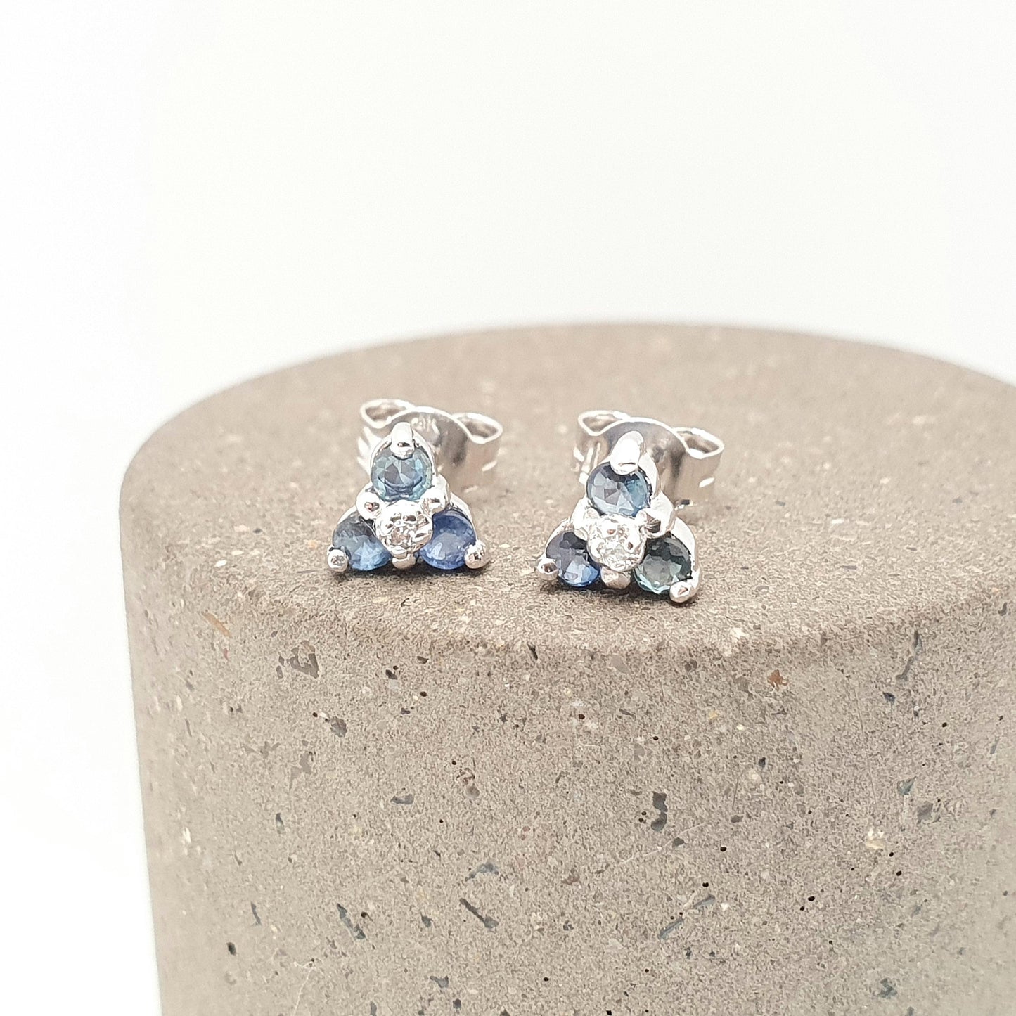 Vintage 9ct Gold Sapphire Diamond Earrings Stud Cluster White Gold Solid 9k 9kt 375 Triangle Womens Jewelry Jewellery Gift