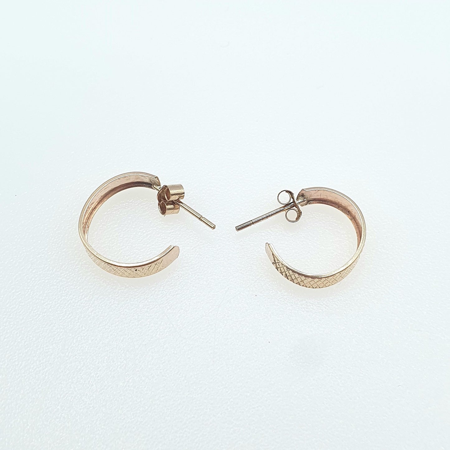 Vintage 9ct Gold Chequered Hoop Stud Earrings Three Quarter Etched Solid 375 9kt Retro Womens Jewelry Jewellery Mens Unisex