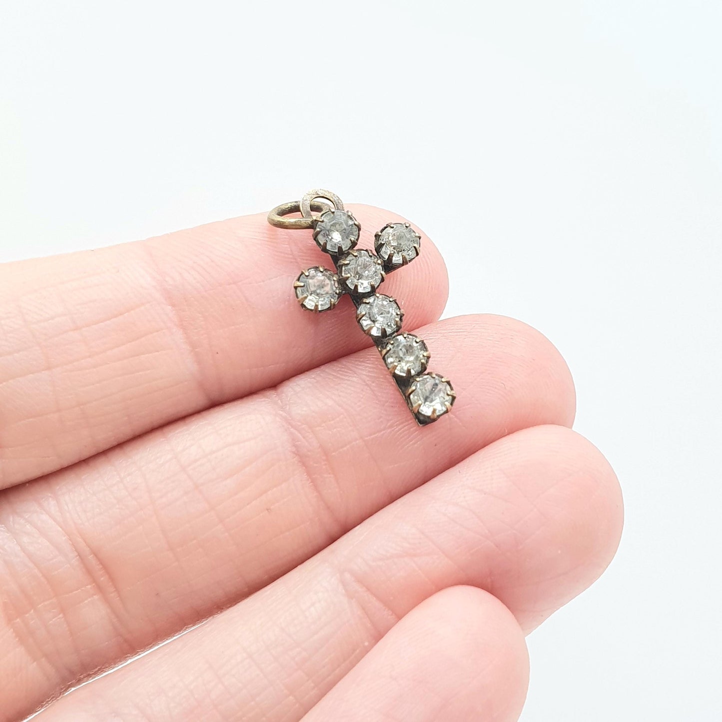 Antique Victorian Diamond Paste Cross Crucifix Charm Pendant Necklace Gold Tone Base Metal Christian Catholic Jewellery Jewelry