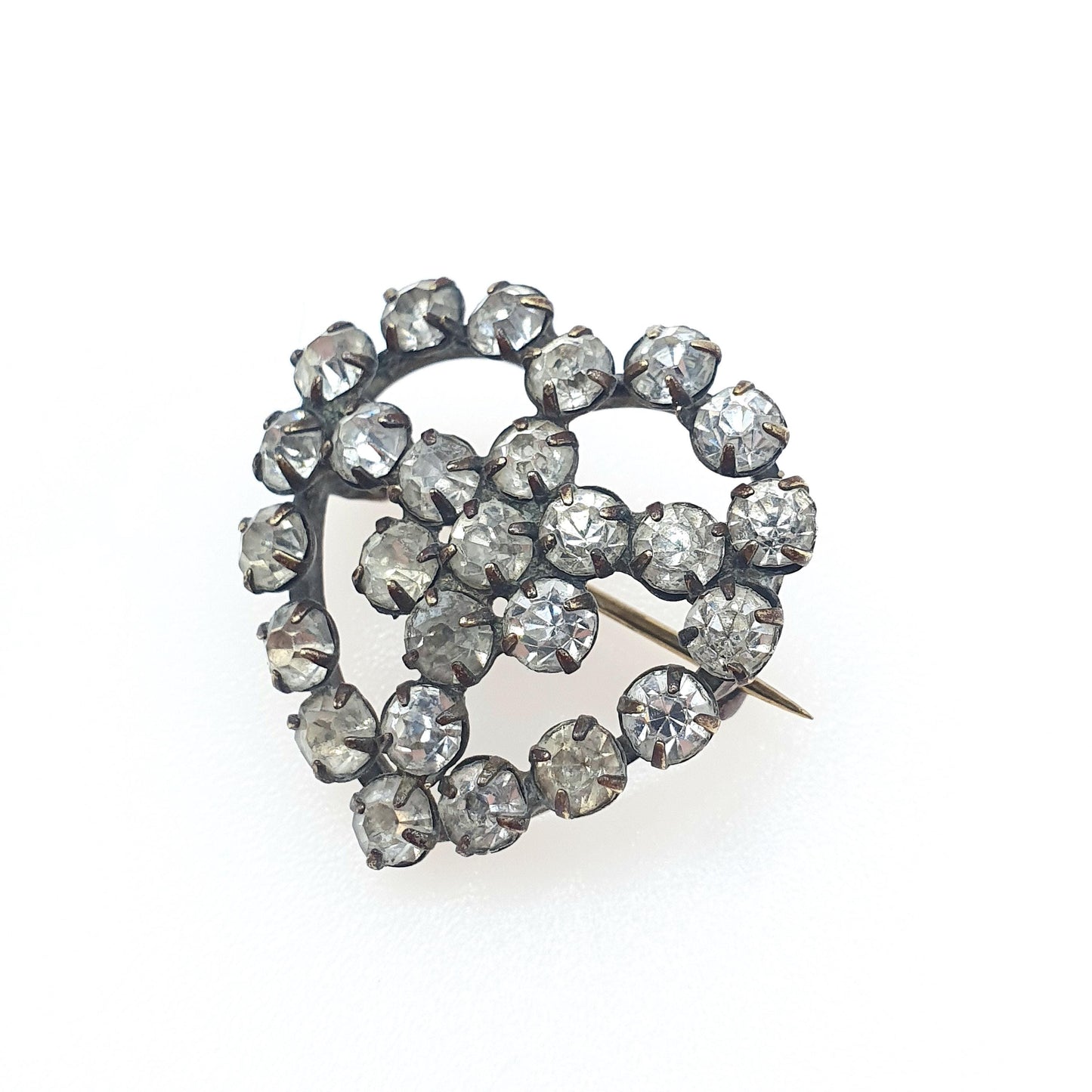 Antique Victorian Diamond Paste Heart Brooch Pin Gold Tone Base Metal Gift Love Womens Mens Unisex Jewellery Jewelry