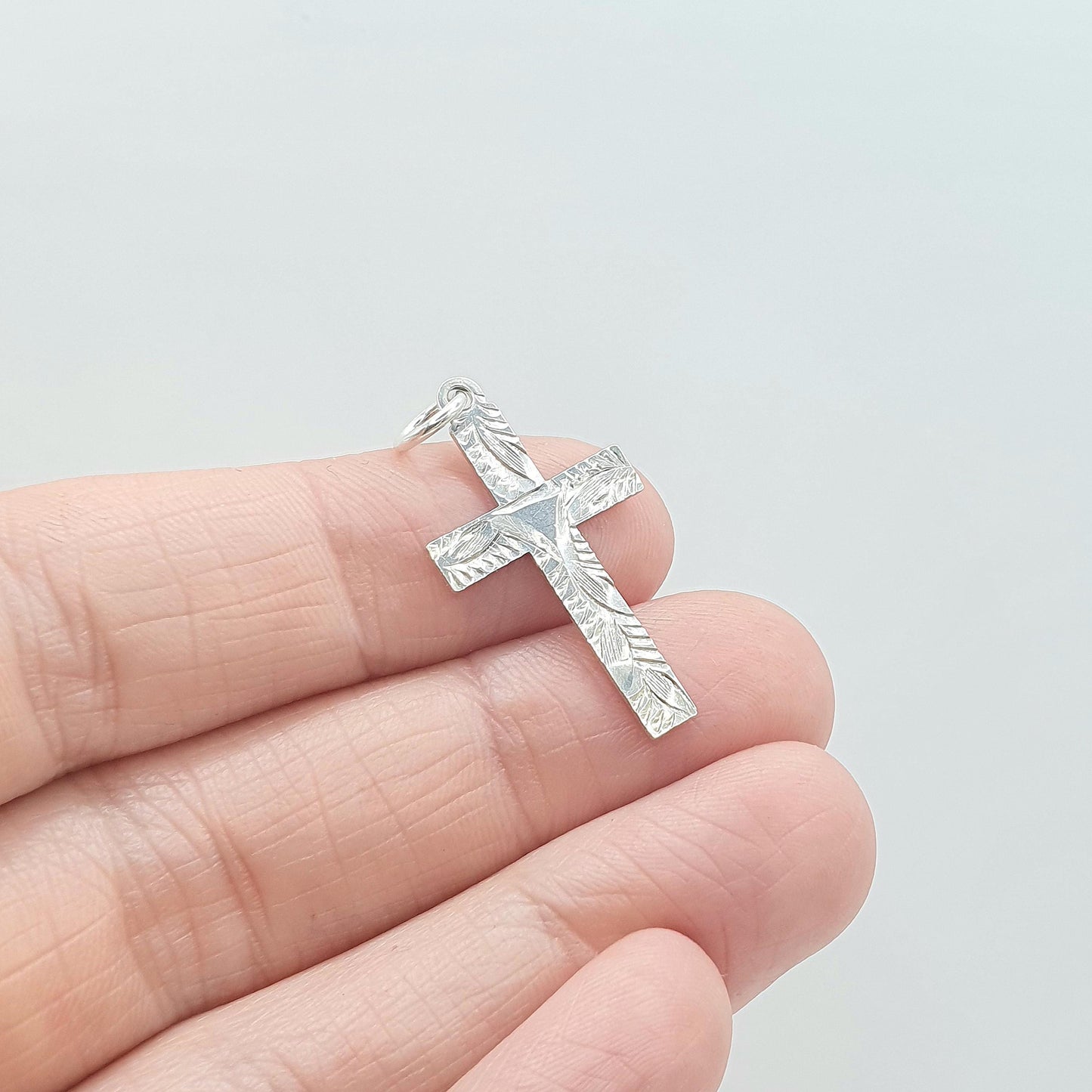Antique Sterling Silver Cross Crucifix Pendant Necklace Engraved Front Cruciform Christian Mens Womens Jewelry Jewellery