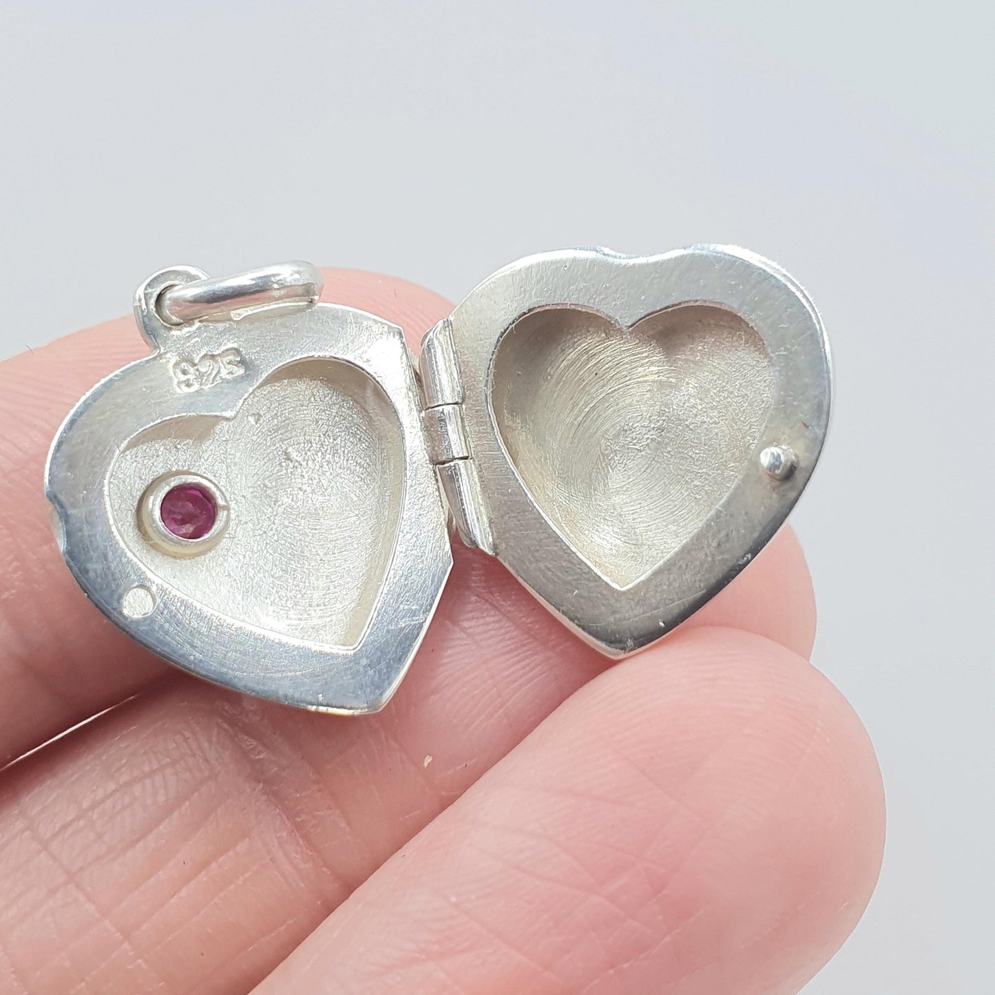 Vintage Sterling Silver Ruby Heart Locket Pendant Necklace Genuine Gemstone Picture Photo Keepsake Womens Unisex Jewelry Jewellery