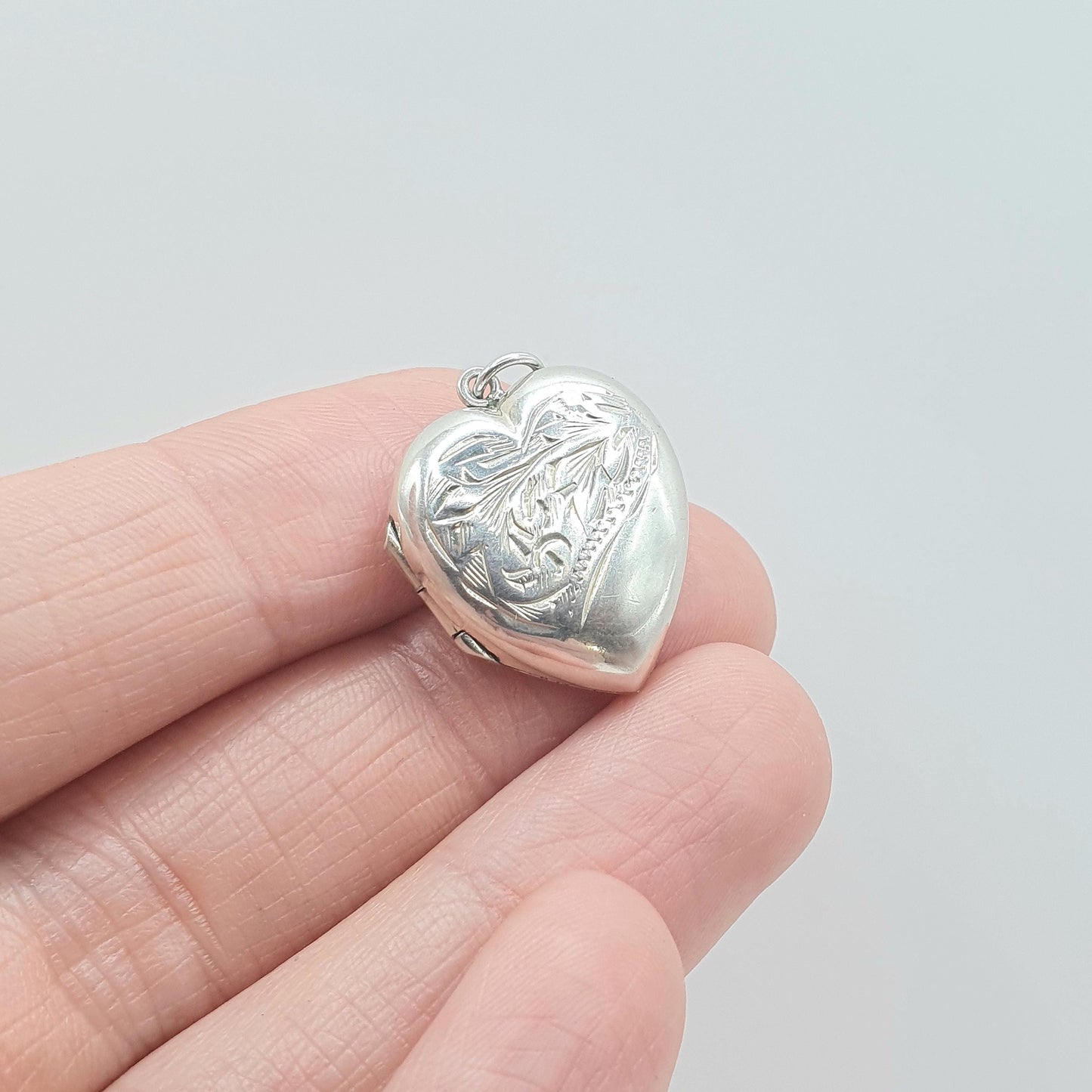 Antique Art Deco Solid Silver Heart Locket Pendant Necklace Back and Front Photo Keepsake Engraved Front Womens Jewelry Vintage Jewellery