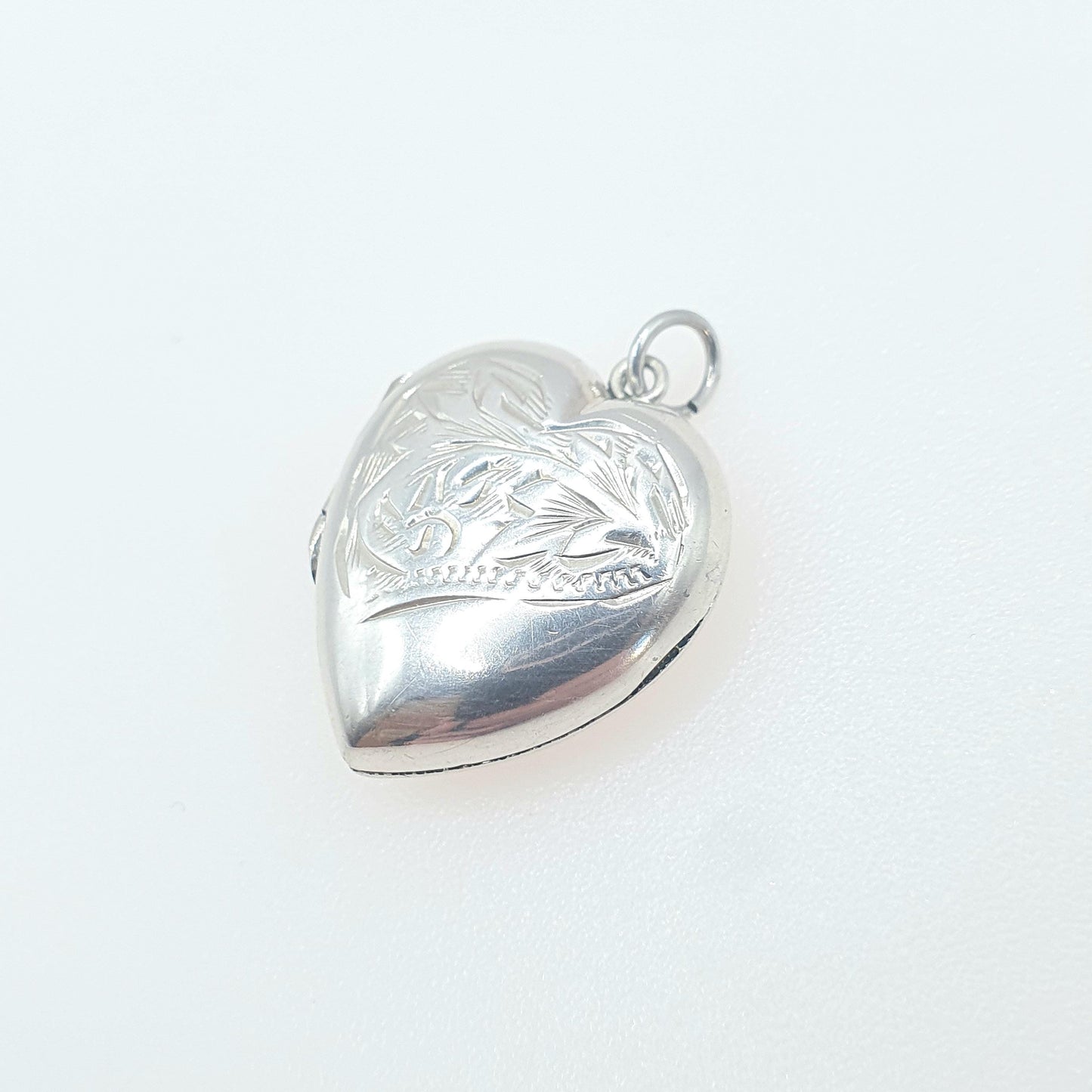 Antique Art Deco Solid Silver Heart Locket Pendant Necklace Back and Front Photo Keepsake Engraved Front Womens Jewelry Vintage Jewellery