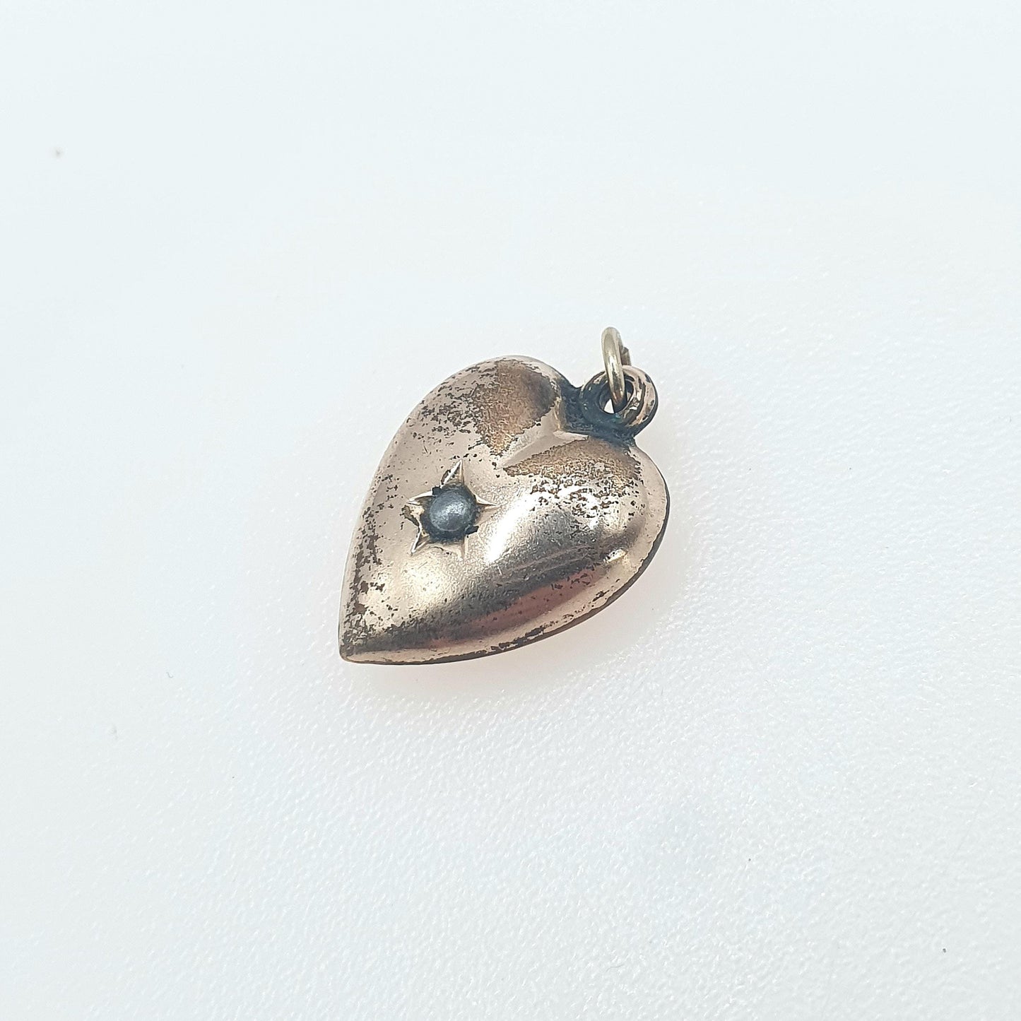 Antique Victorian Rolled Gold Puffer Heart Charm Pendant Seed Pearl Centre Gold Filled Necklace Jewelry Jewellery Womens Mens Unisex