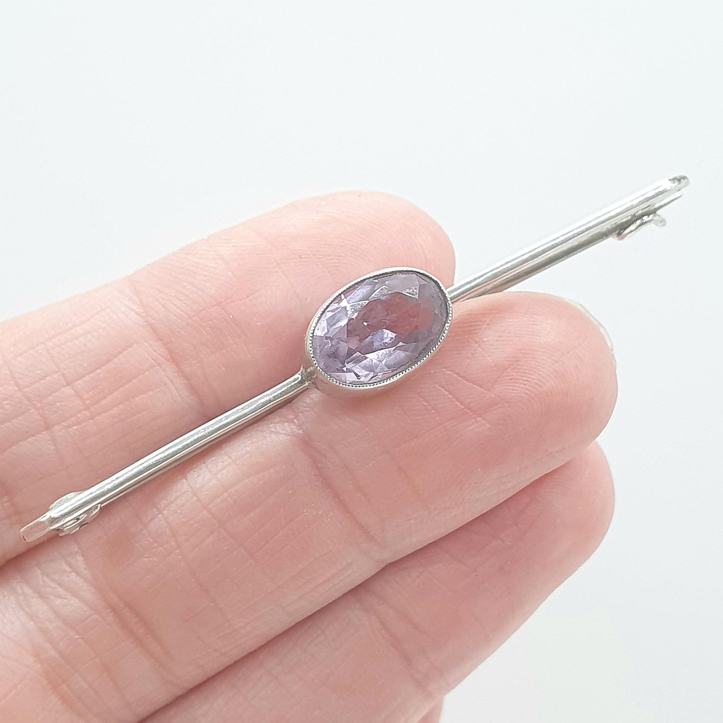 Antique Solid Silver Natural Amethyst Brooch Oval Cut Bar Pin Purple Quartz Gemstone Lilac Purple Womens Jewelry Jewellery Mens