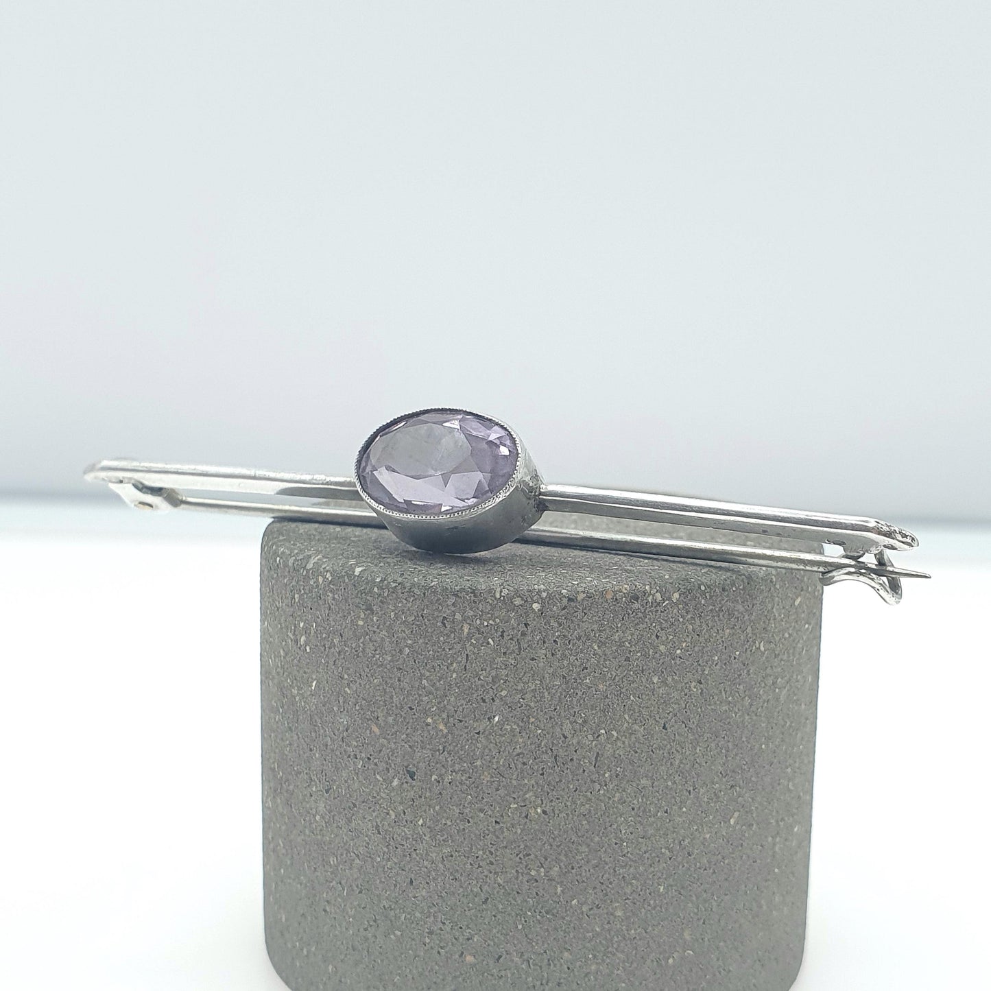 Antique Solid Silver Natural Amethyst Brooch Oval Cut Bar Pin Purple Quartz Gemstone Lilac Purple Womens Jewelry Jewellery Mens