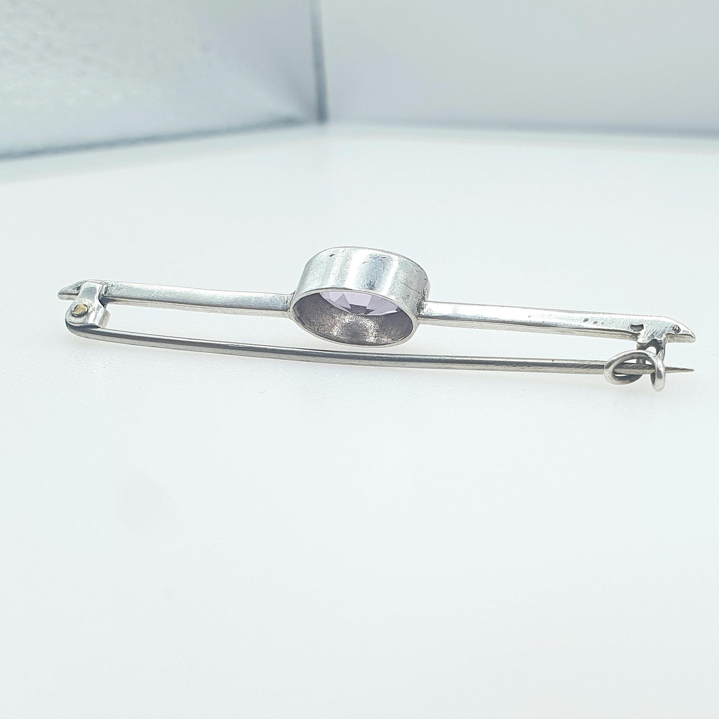 Antique Solid Silver Natural Amethyst Brooch Oval Cut Bar Pin Purple Quartz Gemstone Lilac Purple Womens Jewelry Jewellery Mens