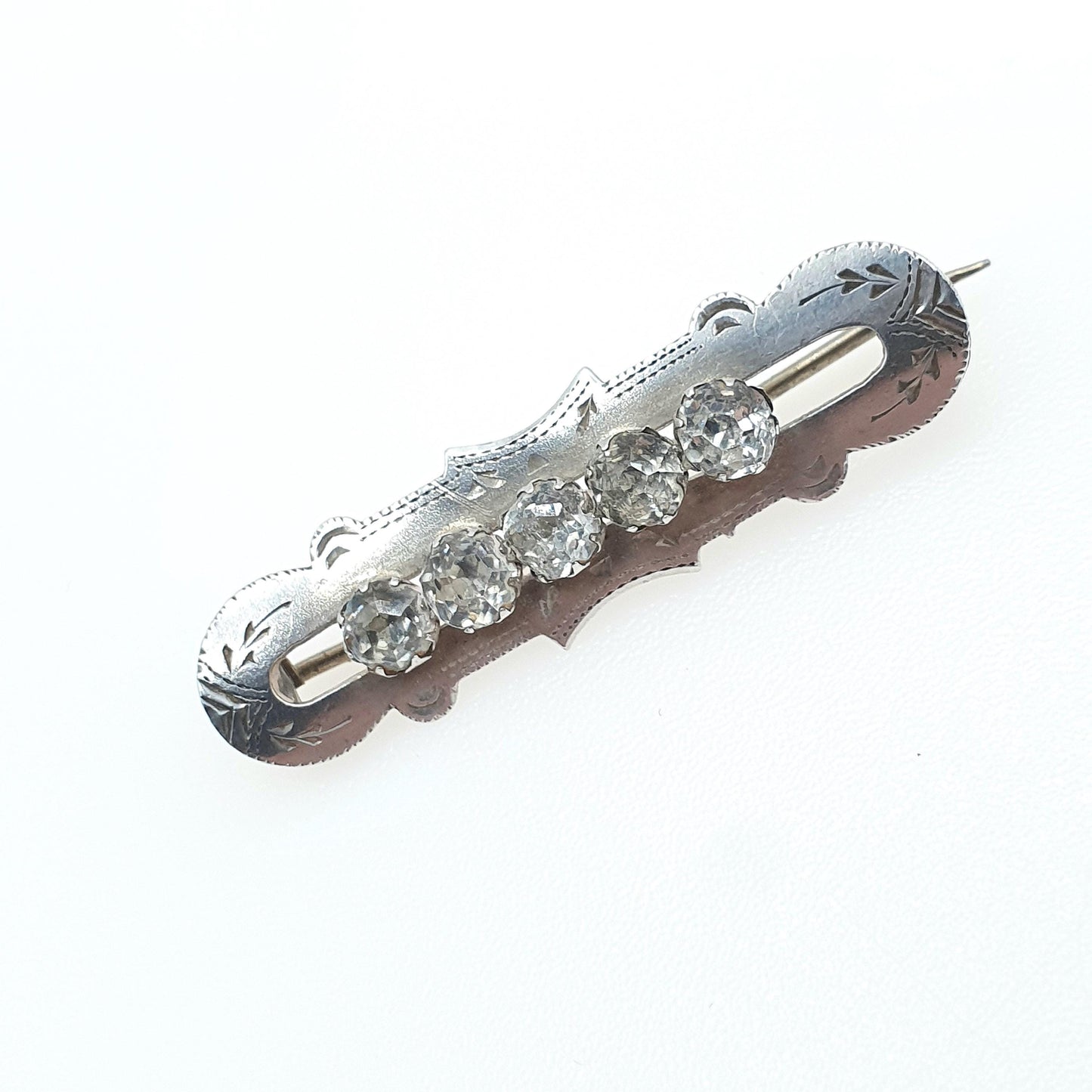 Antique Sterling Silver Diamond Paste Sweetheart Brooch 5 Pastes 1895 Hallmark Keepsake Vintage Womens Jewelry Jewellery