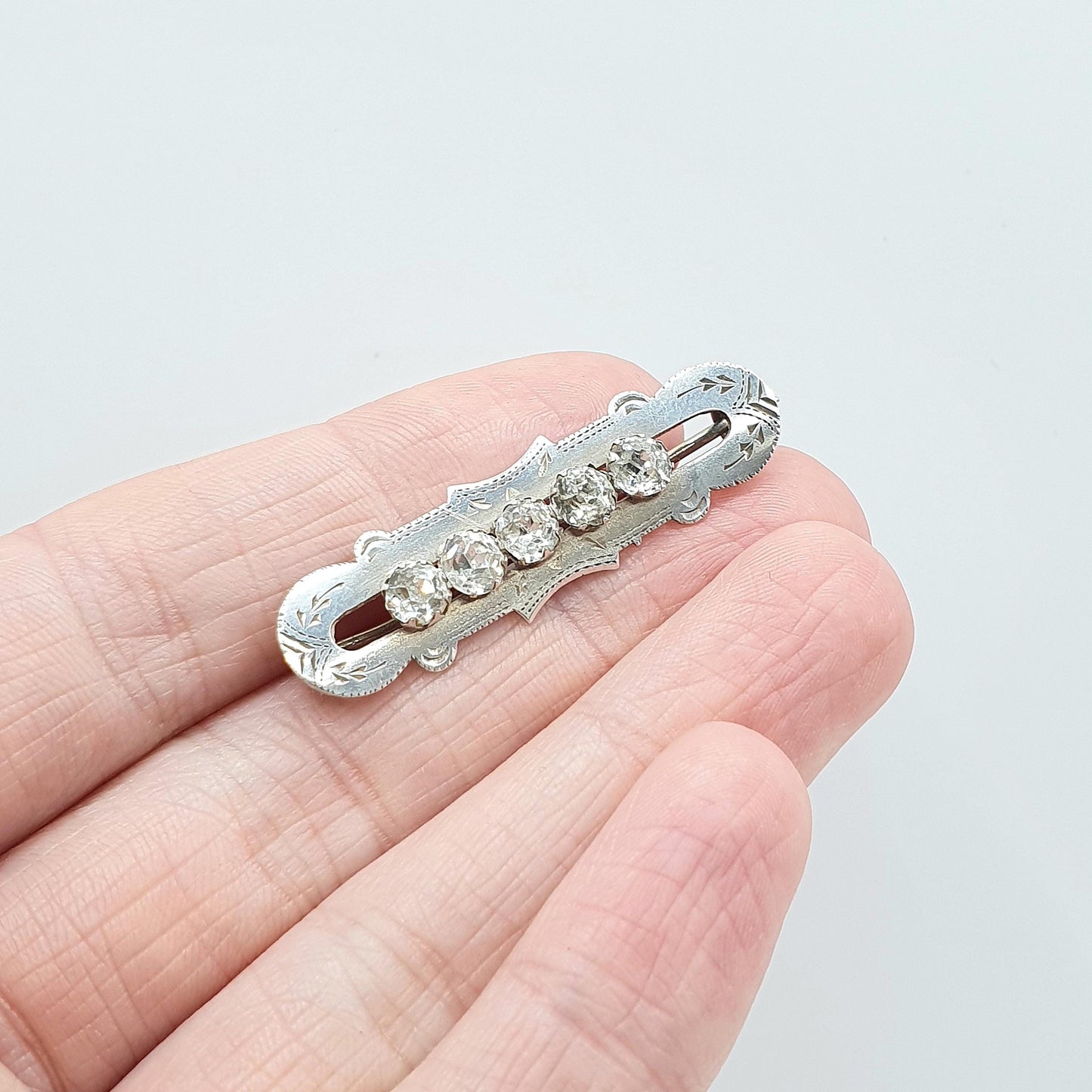 Antique Sterling Silver Diamond Paste Sweetheart Brooch 5 Pastes 1895 Hallmark Keepsake Vintage Womens Jewelry Jewellery