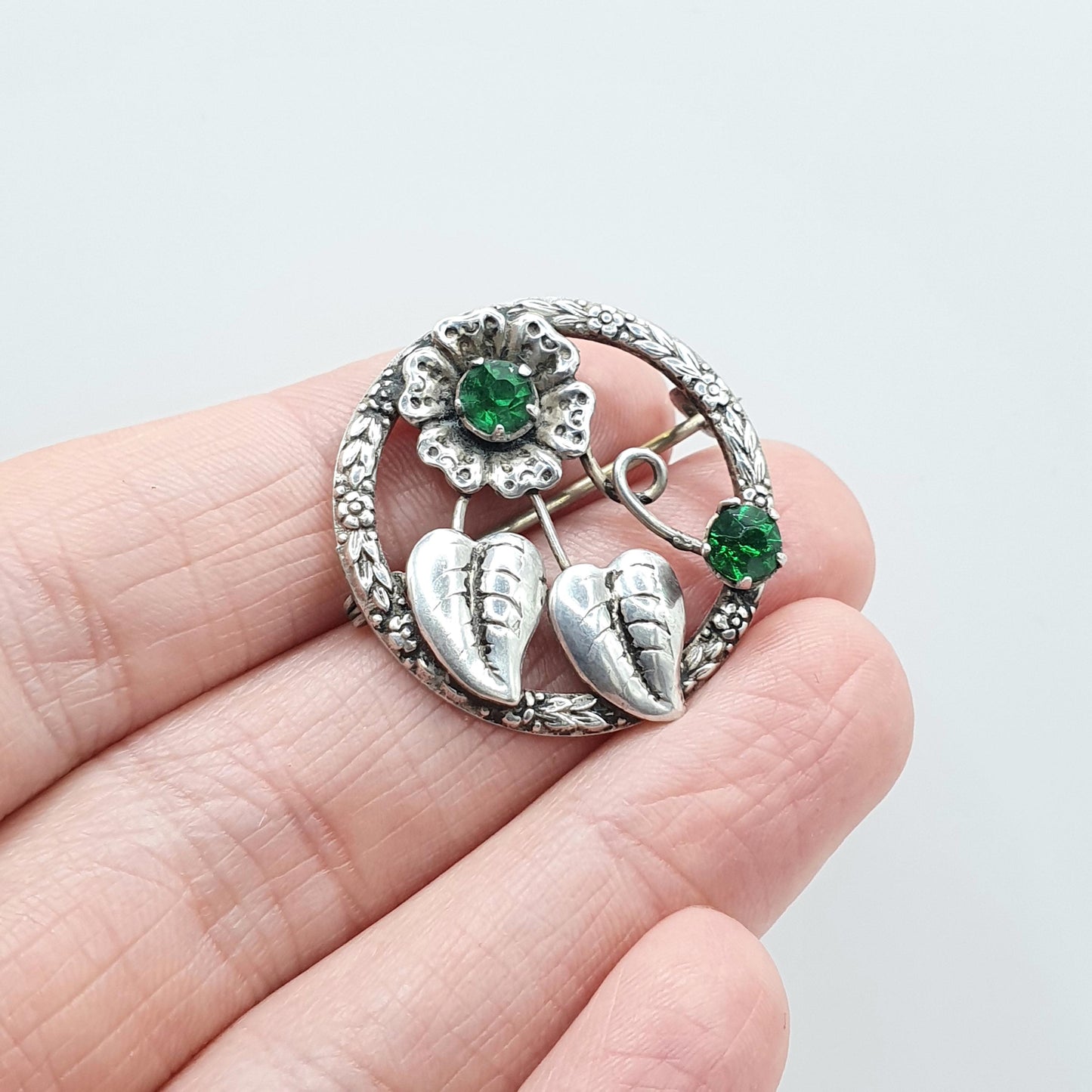 Antique Art Deco Sterling Silver Emerald Paste Flower Brooch Leaf Green Vintage Womens Unisex Mens Jewelry Jewellery