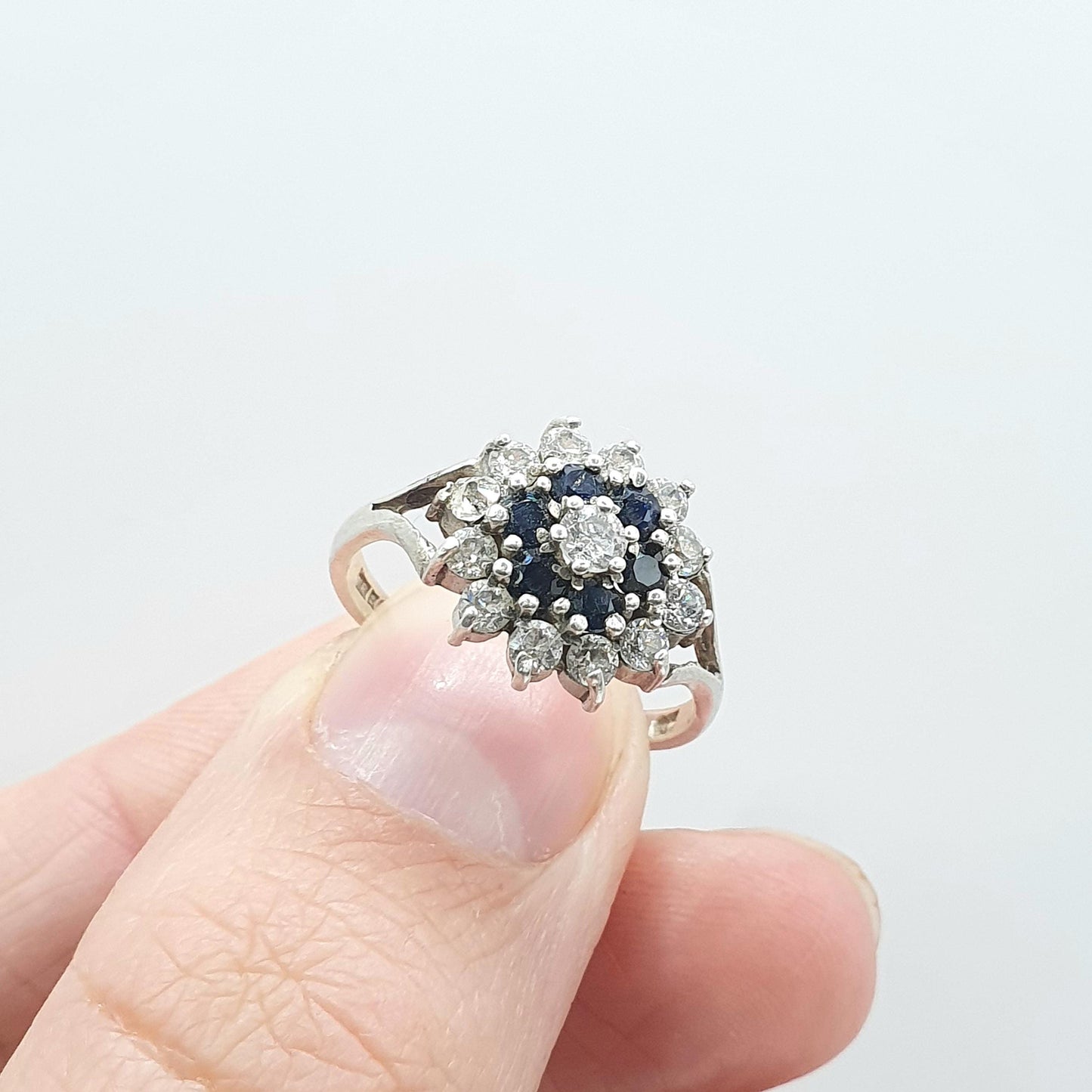 Vintage Sterling Silver Sapphire & CZ Cluster Ring Halo Blue and White Gemstones Gift Womens Jewellery Jewelry