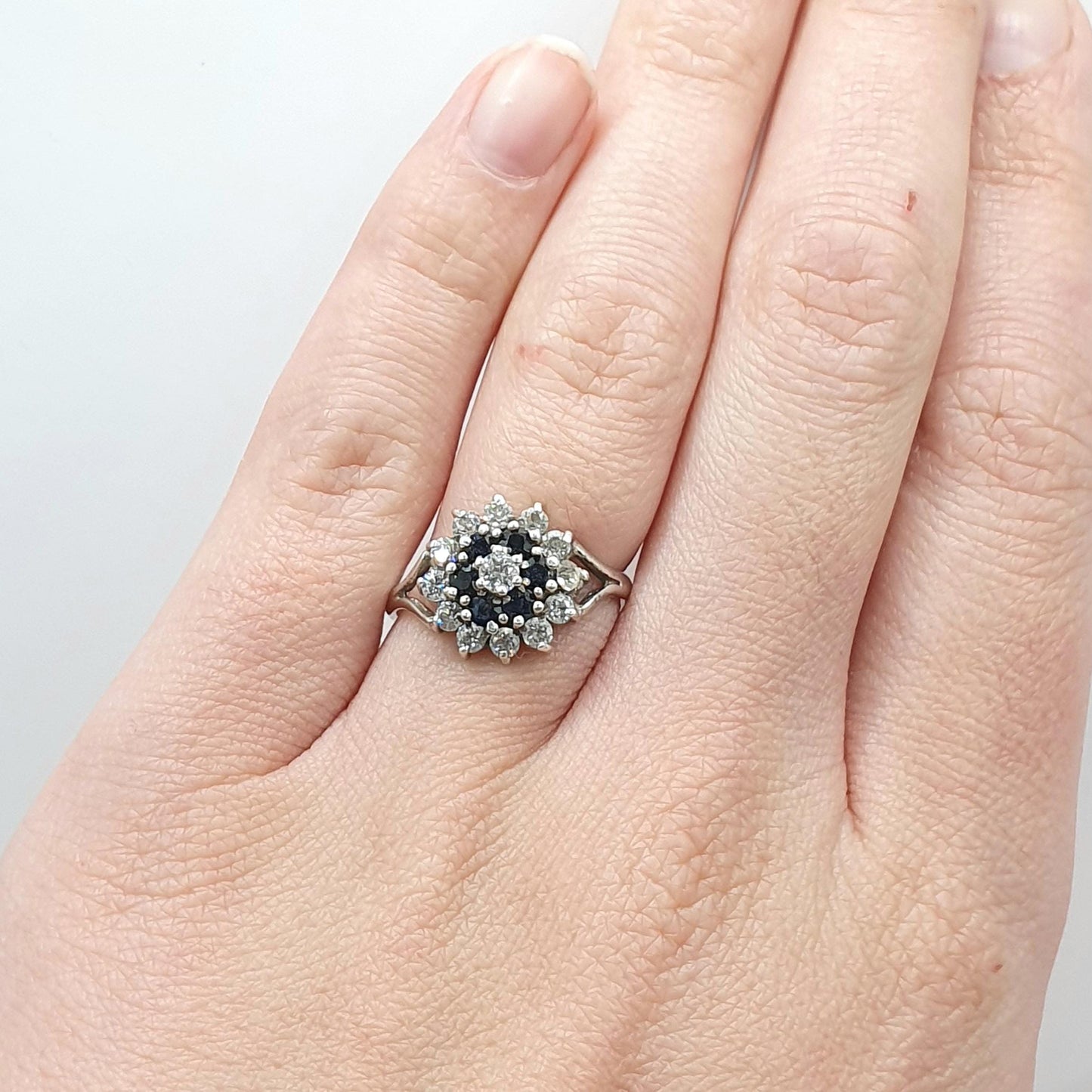 Vintage Sterling Silver Sapphire & CZ Cluster Ring Halo Blue and White Gemstones Gift Womens Jewellery Jewelry