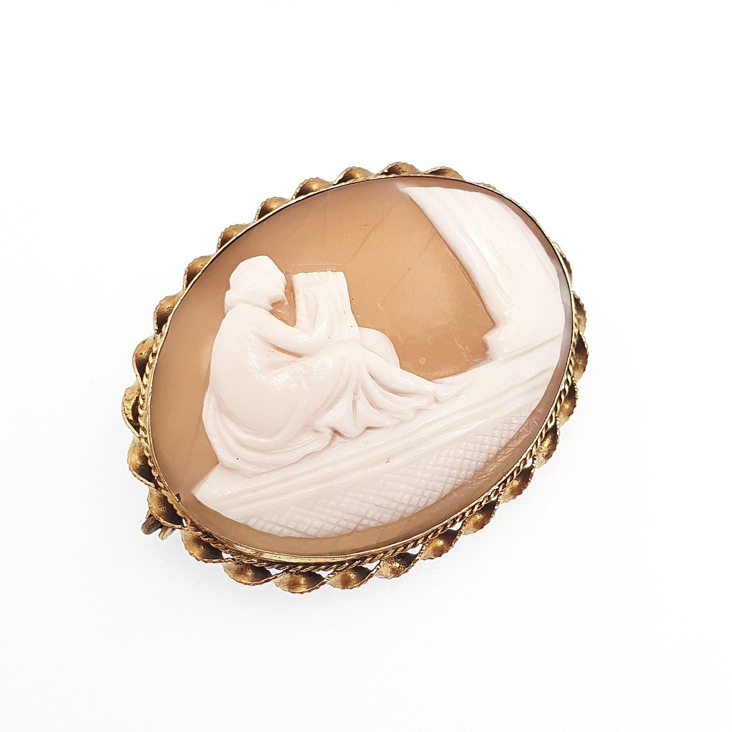 Antique Lyre Cameo Brooch Roman Column Gold Gilt Hand Carved Genuine Shell Jewelry 1920s Art Deco Jewellery Vintage