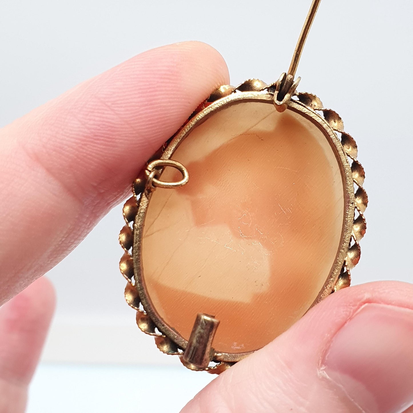 Antique Lyre Cameo Brooch Roman Column Gold Gilt Hand Carved Genuine Shell Jewelry 1920s Art Deco Jewellery Vintage