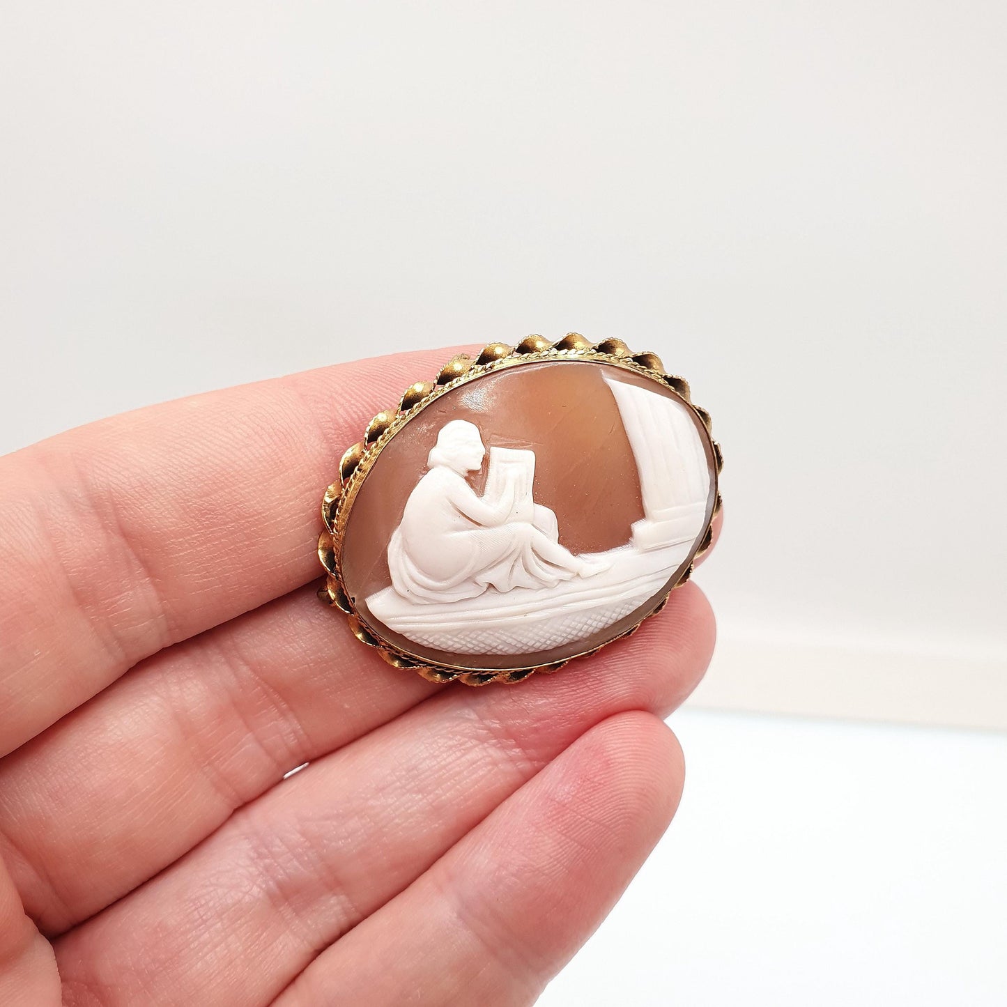Antique Lyre Cameo Brooch Roman Column Gold Gilt Hand Carved Genuine Shell Jewelry 1920s Art Deco Jewellery Vintage