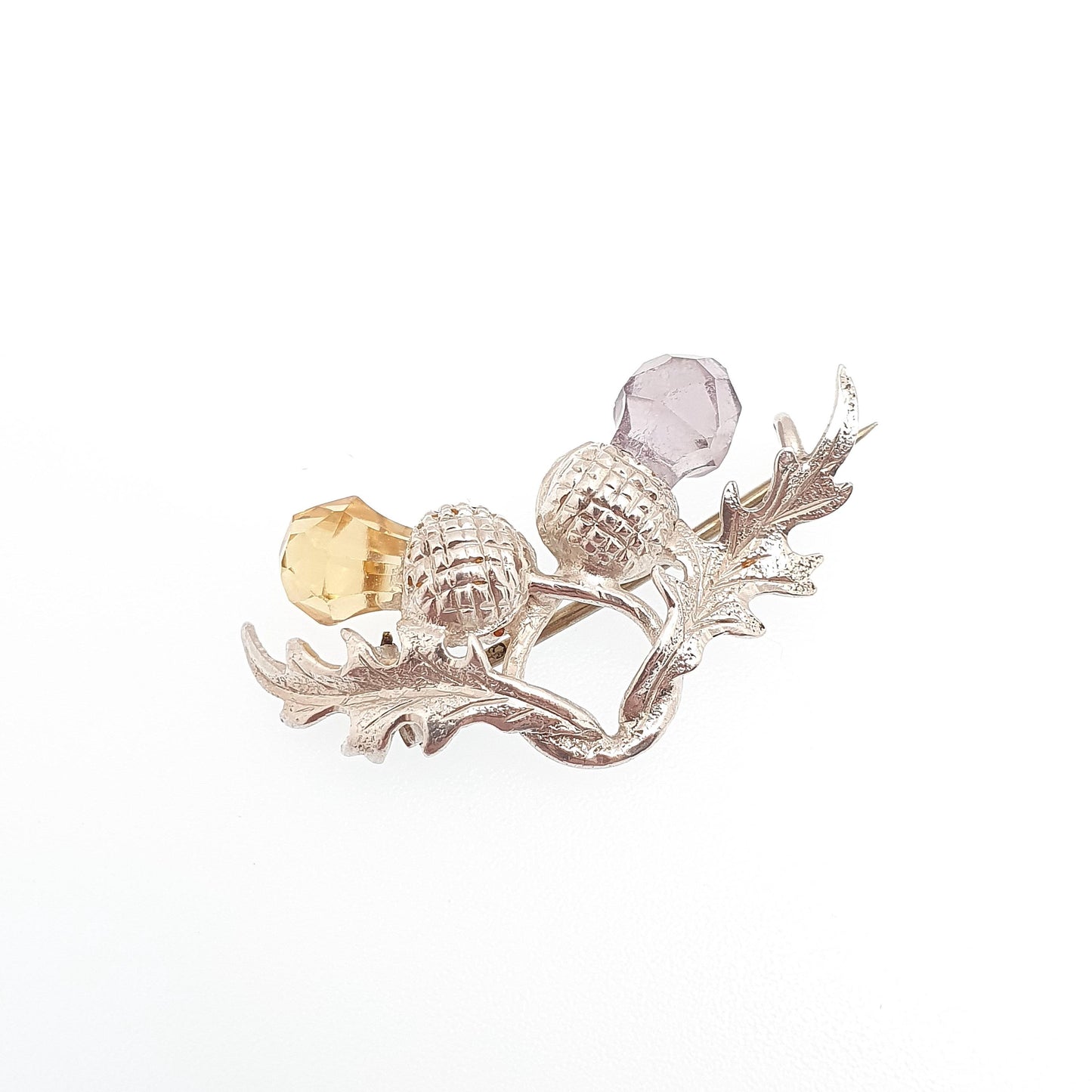 Antique Sterling Silver Citrine & Amethyst Thistle Brooch Genuine Gemstones Quartz Scottish 1903 Hallmark Vintage Jewelry Jewellery