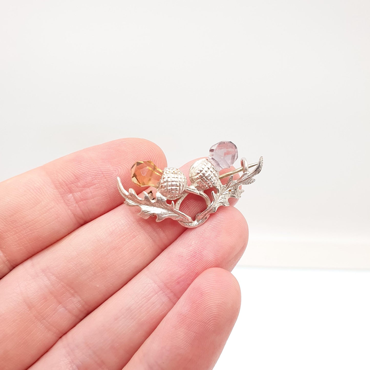 Antique Sterling Silver Citrine & Amethyst Thistle Brooch Genuine Gemstones Quartz Scottish 1903 Hallmark Vintage Jewelry Jewellery