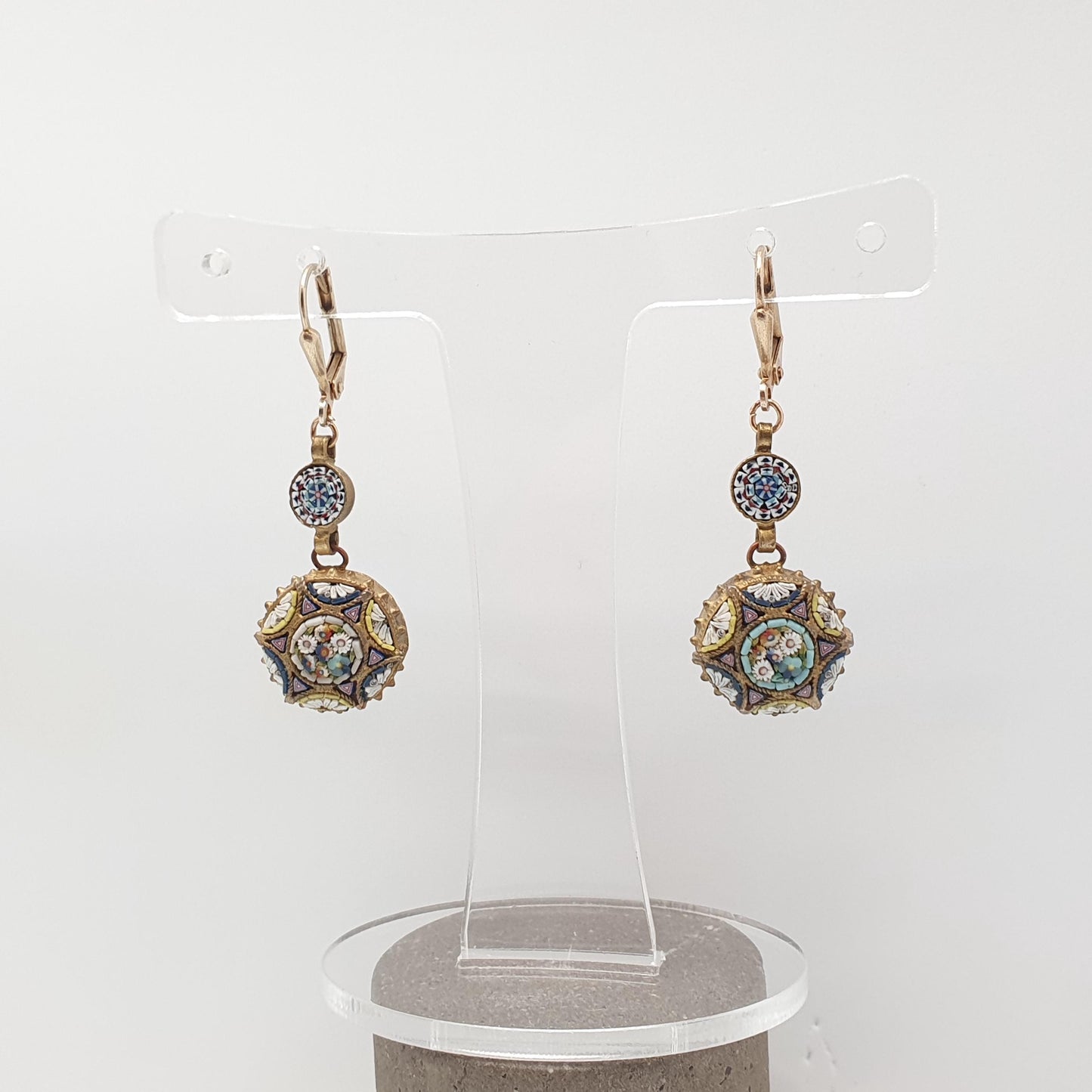 Antique Micro Mosaic Earrings Micromosaic Round Hook Drop Millefiori Gold Gilt Handmade Italian Genuine Vintage Jewelry Jewellery