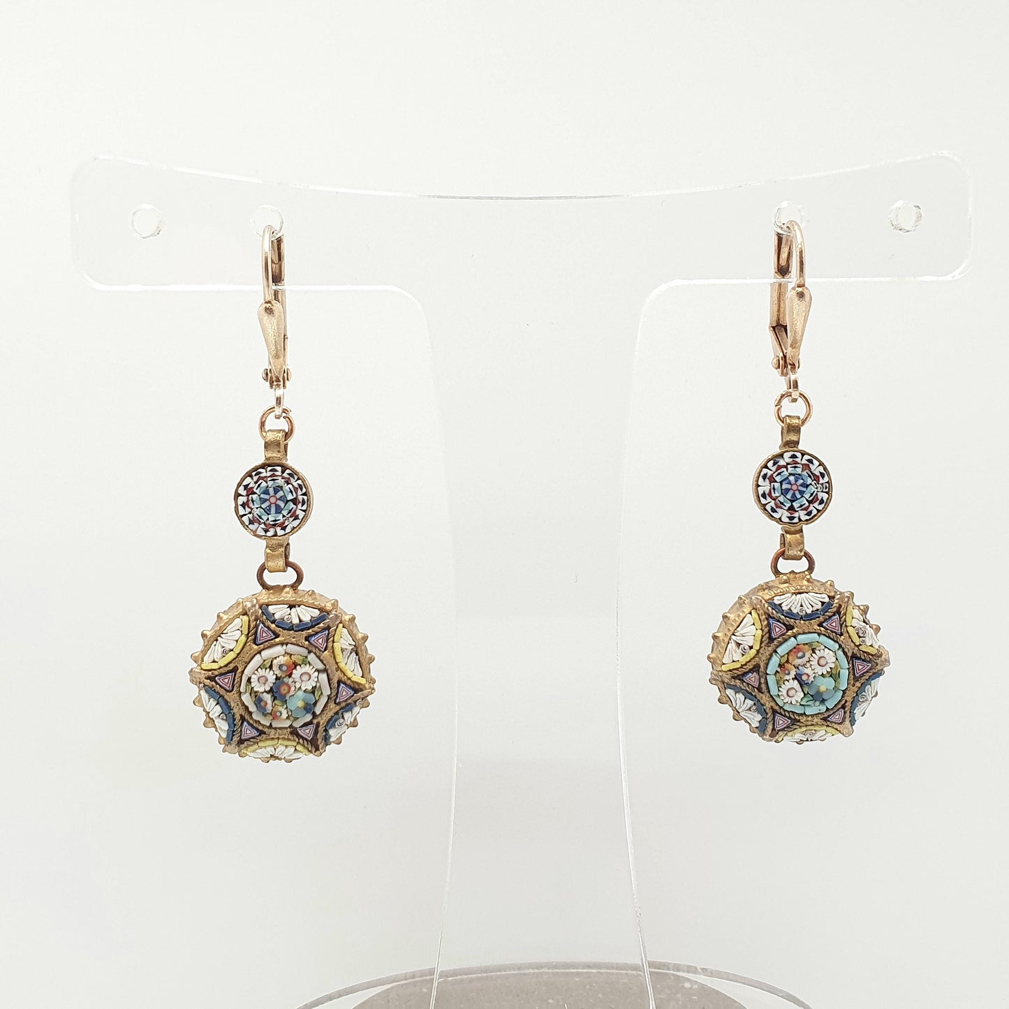 Antique Micro Mosaic Earrings Micromosaic Round Hook Drop Millefiori Gold Gilt Handmade Italian Genuine Vintage Jewelry Jewellery