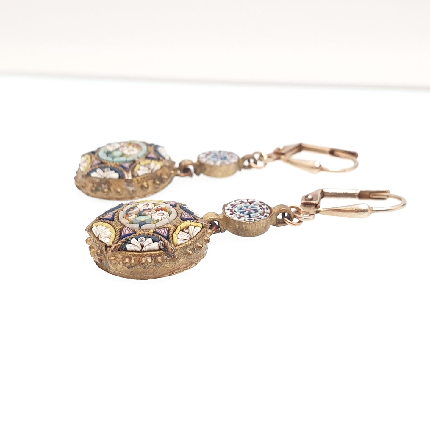 Antique Micro Mosaic Earrings Micromosaic Round Hook Drop Millefiori Gold Gilt Handmade Italian Genuine Vintage Jewelry Jewellery