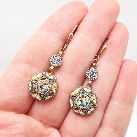 Antique Micro Mosaic Earrings Micromosaic Round Hook Drop Millefiori Gold Gilt Handmade Italian Genuine Vintage Jewelry Jewellery