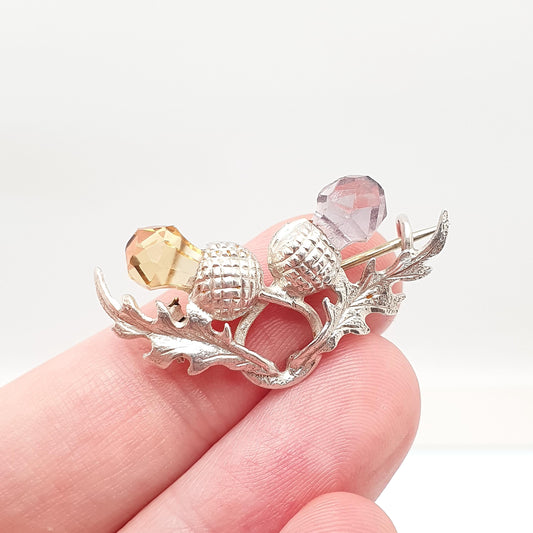 Antique Sterling Silver Citrine & Amethyst Thistle Brooch Genuine Gemstones Quartz Scottish 1903 Hallmark Vintage Jewelry Jewellery