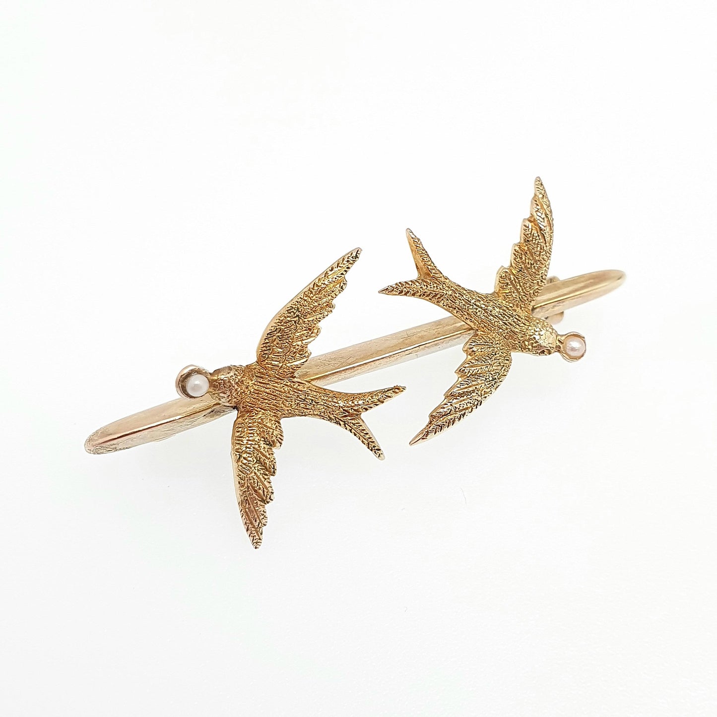 Antique 9ct Gold Pair of Swallows Brooch Bird Pin High Detail Seed Pearl Sweetheart 1905 Hallmark Solid 9kt 9k Vintage Jewelry Jewellery