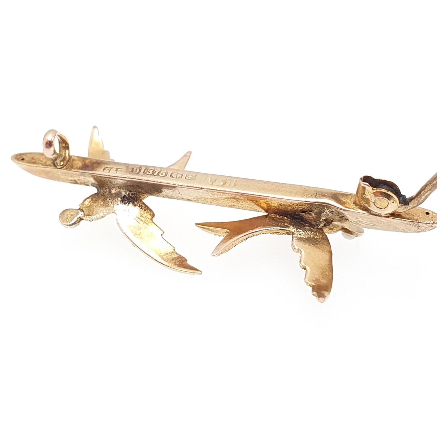Antique 9ct Gold Pair of Swallows Brooch Bird Pin High Detail Seed Pearl Sweetheart 1905 Hallmark Solid 9kt 9k Vintage Jewelry Jewellery