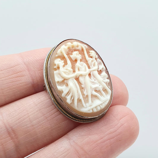 Antique Solid Silver Three Graces Cameo Brooch Hand Carved Shell Mythology Vintage Womens Jewellery Jewelry
