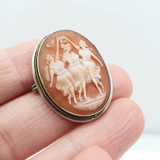 Antique Solid Silver Three Graces Cameo Brooch Necklace Hand Carved Shell Pendant Mythology Vintage Unisex Jewellery Jewelry