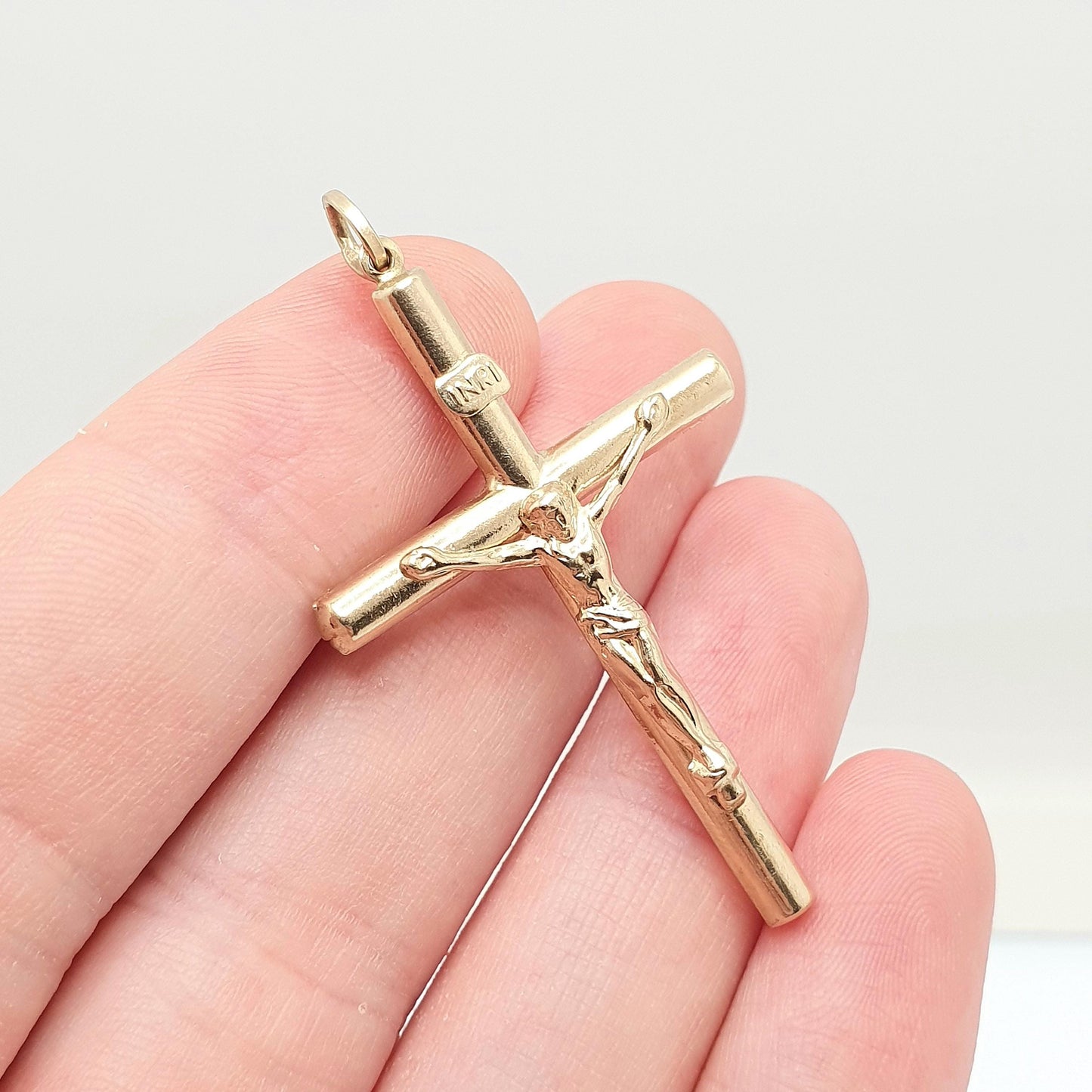 Vintage 9k 9ct Gold Large On The Cross Crucifix Necklace Pendant Large Big INRI Solid 375 Christian Religious Mens Womens Jewelry Jewellery