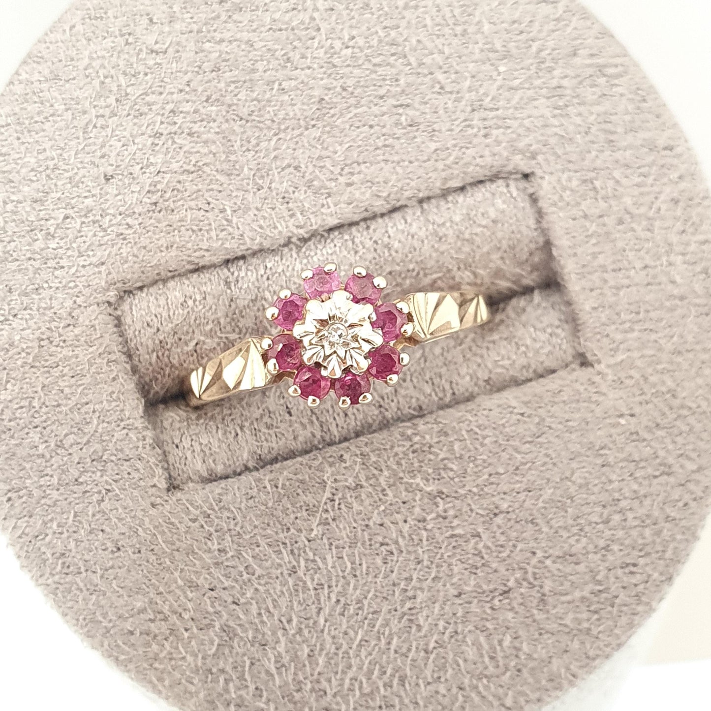 Vintage 9k 9ct Gold Ruby & Diamond Ring Cluster Solid 375 Red Gemstone Real Genuine  Halo Estate Womens Jewelry Jewellery Sparkly