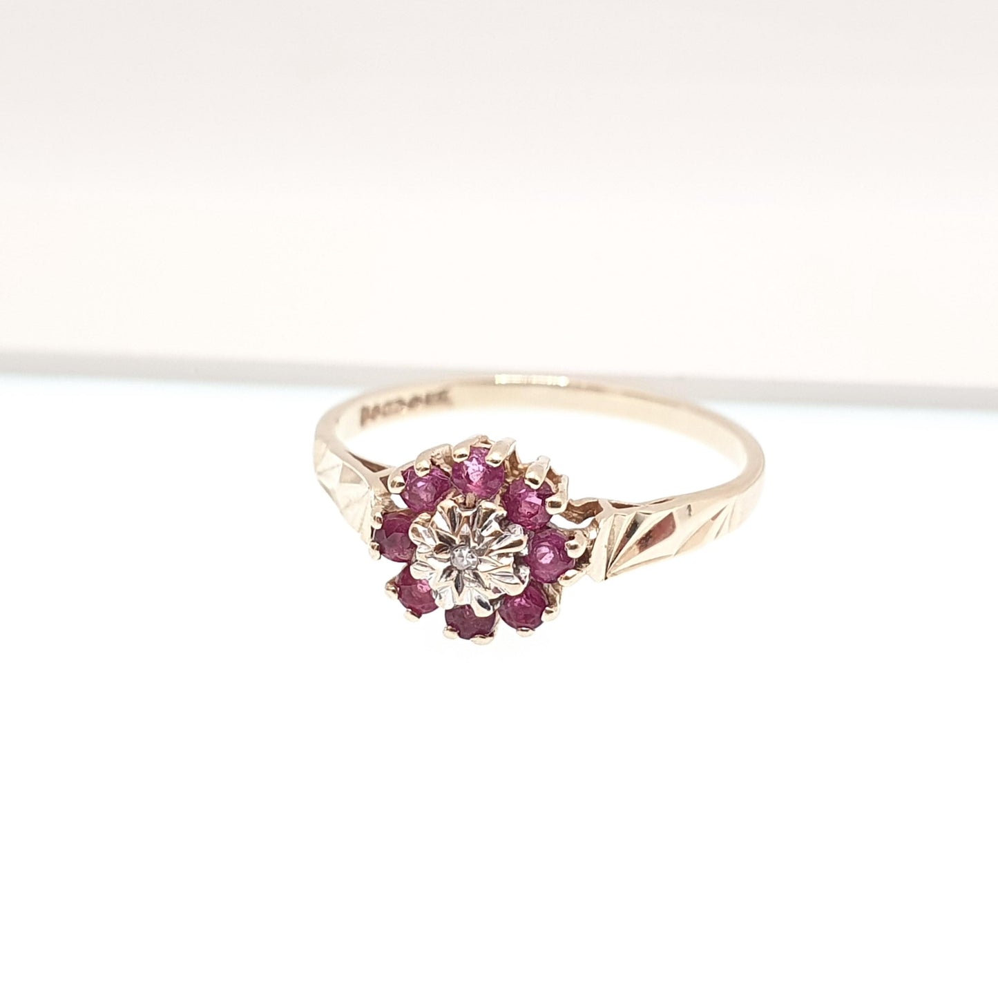 Vintage 9k 9ct Gold Ruby & Diamond Ring Cluster Solid 375 Red Gemstone Real Genuine  Halo Estate Womens Jewelry Jewellery Sparkly