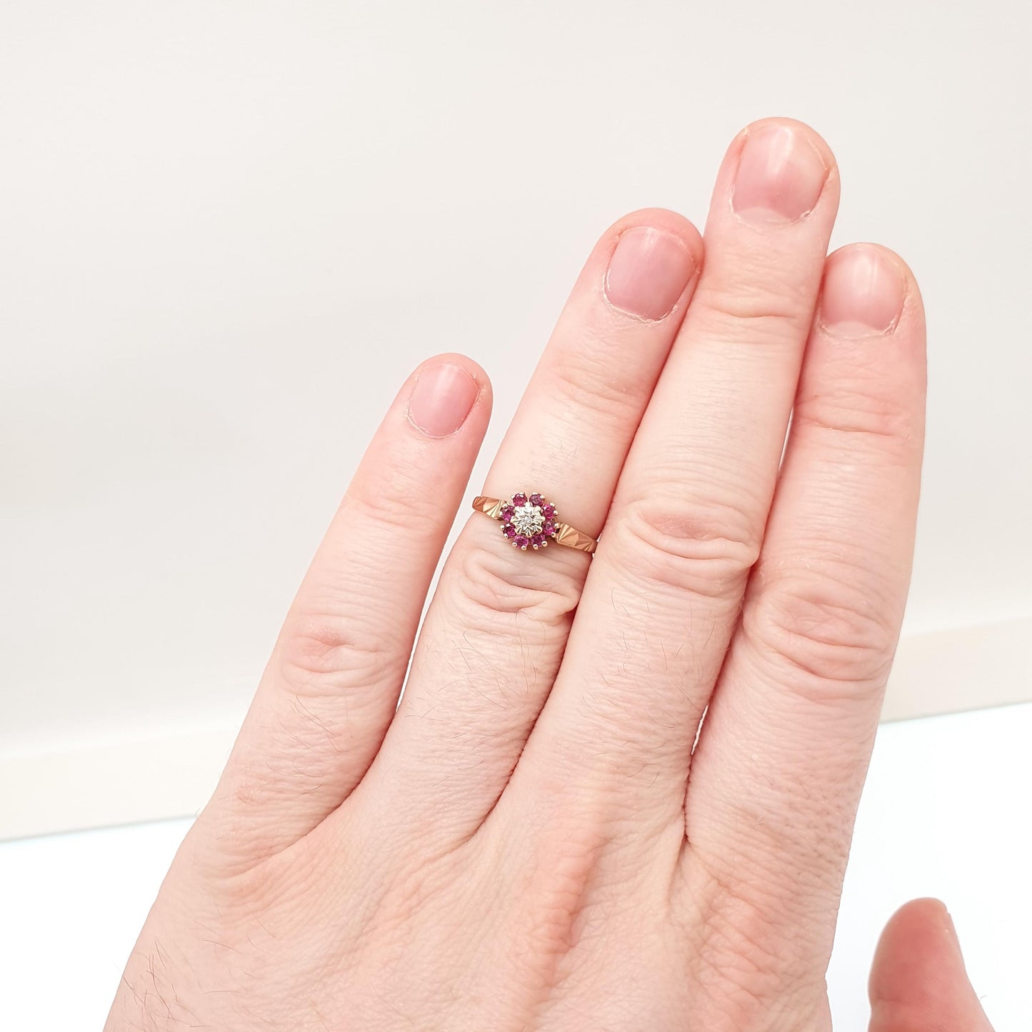 Vintage 9k 9ct Gold Ruby & Diamond Ring Cluster Solid 375 Red Gemstone Real Genuine  Halo Estate Womens Jewelry Jewellery Sparkly
